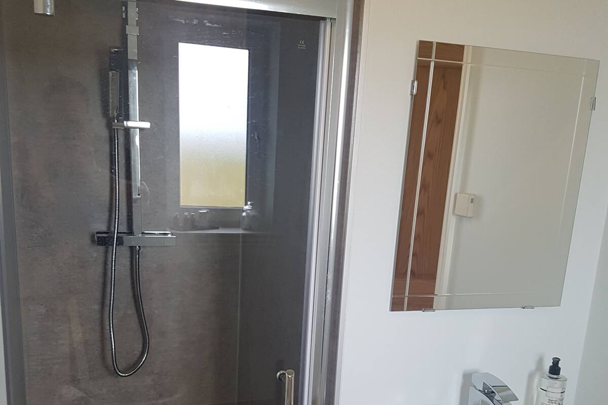 A bathroom with a glass-enclosed shower, a white sink, and a mirror above it.