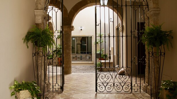 An entrance with a wrought iron gate, potted plants, and a tiled floor leading to a building with a tiled patio. - Carlota (Guadalajara)