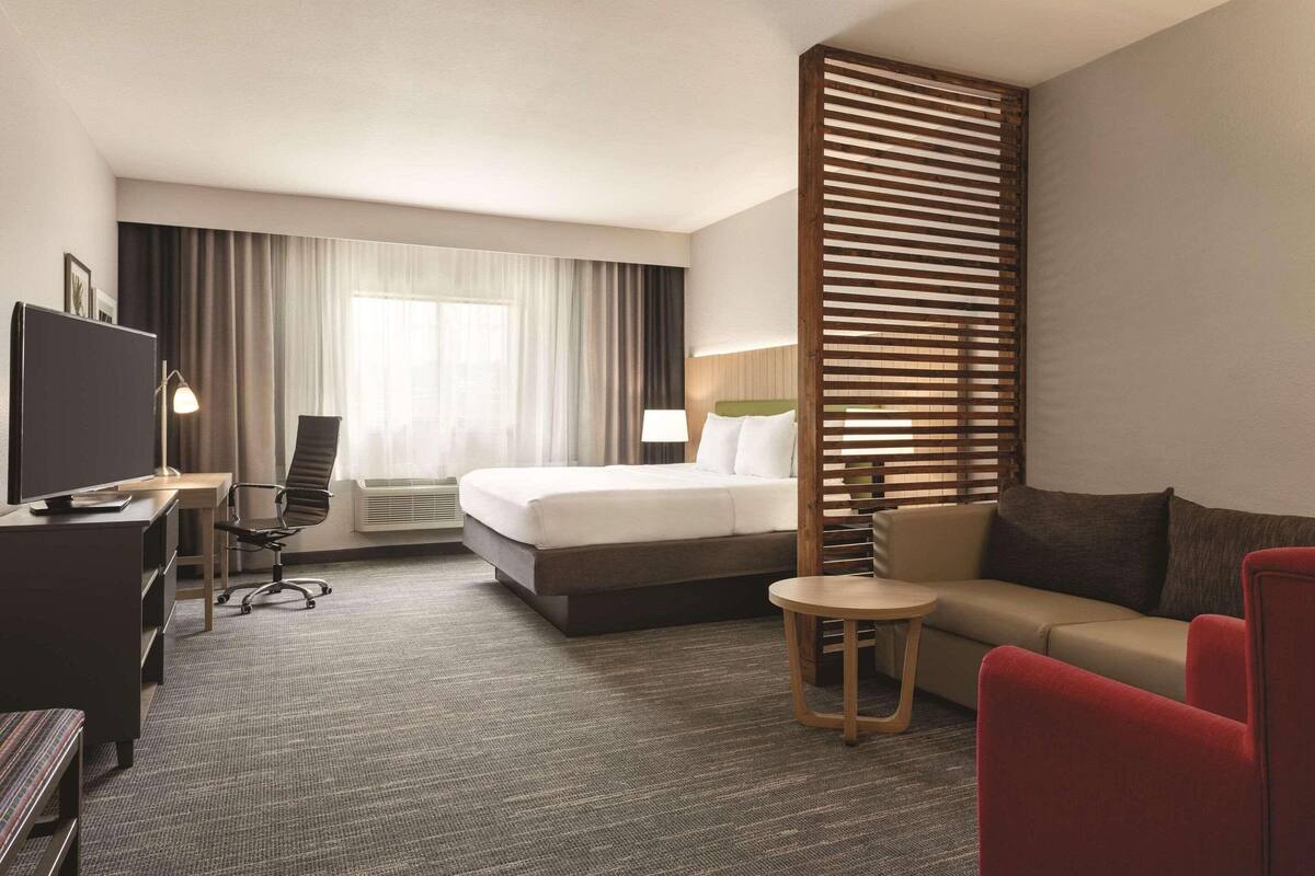 Habitación de hotel con cama, escritorio con computadora, televisor, sofá y una mesita.