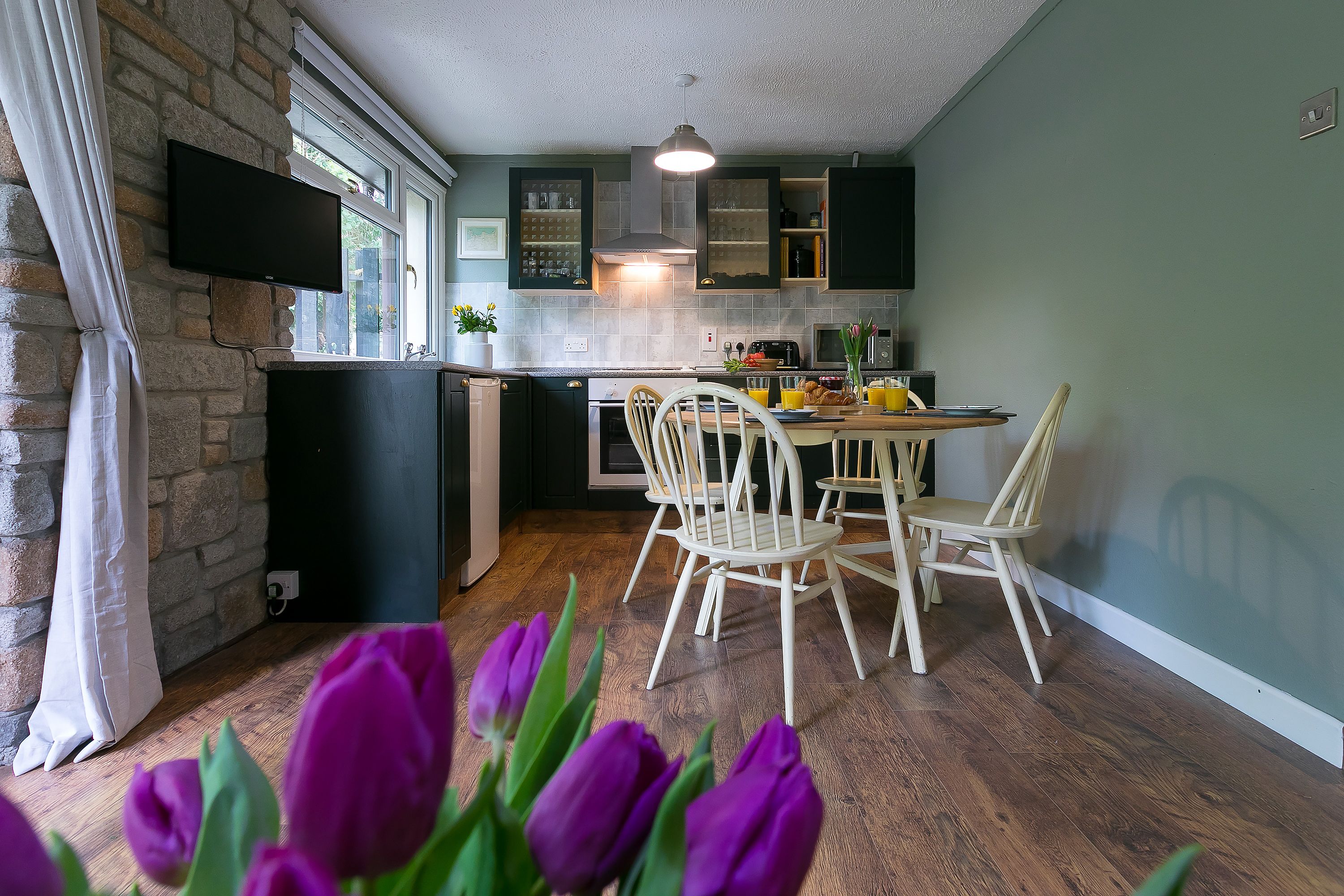 Fridge, microwave, cookware/dishes/utensils