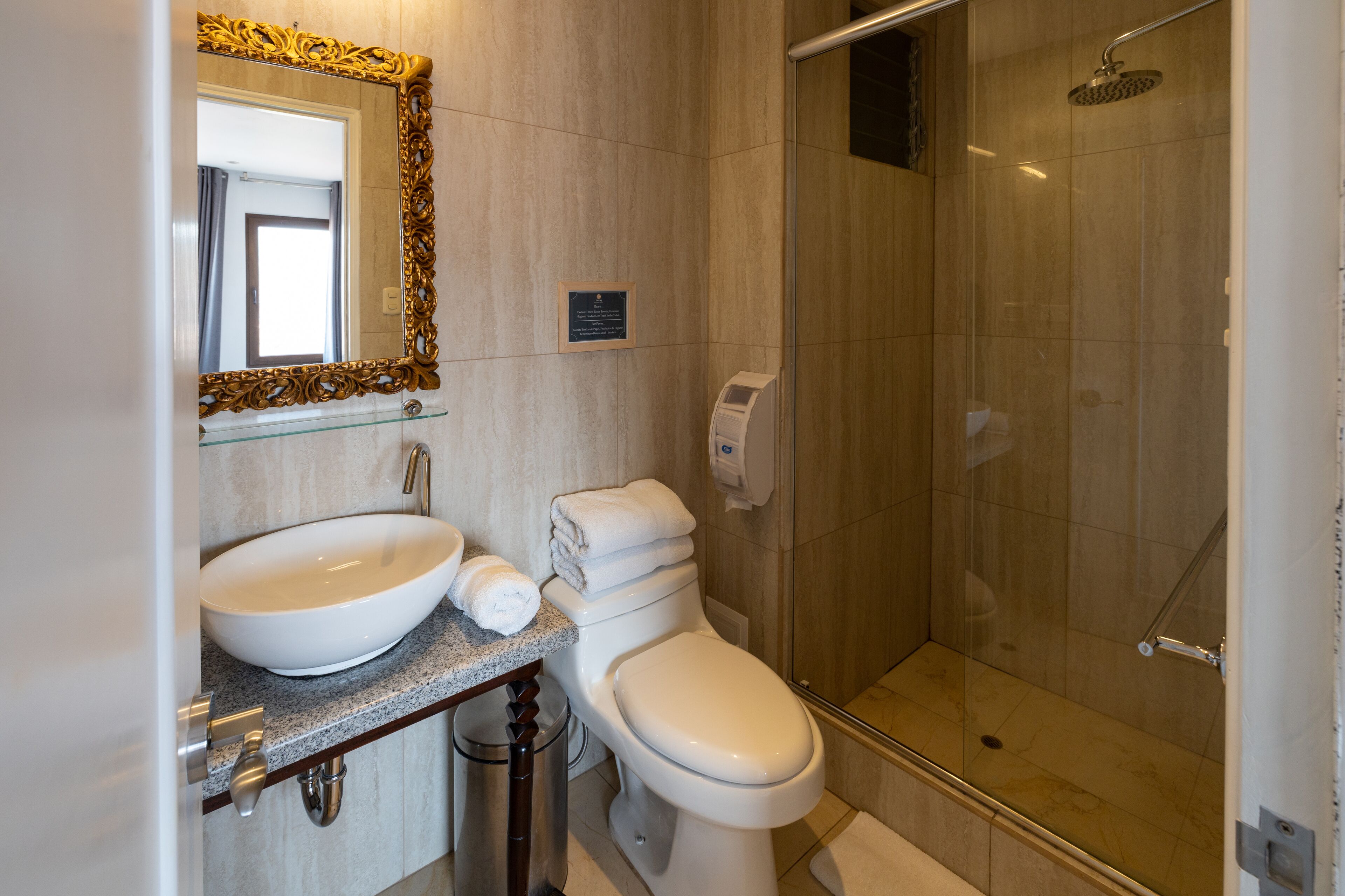 shower, free toiletries, hair dryer, towels