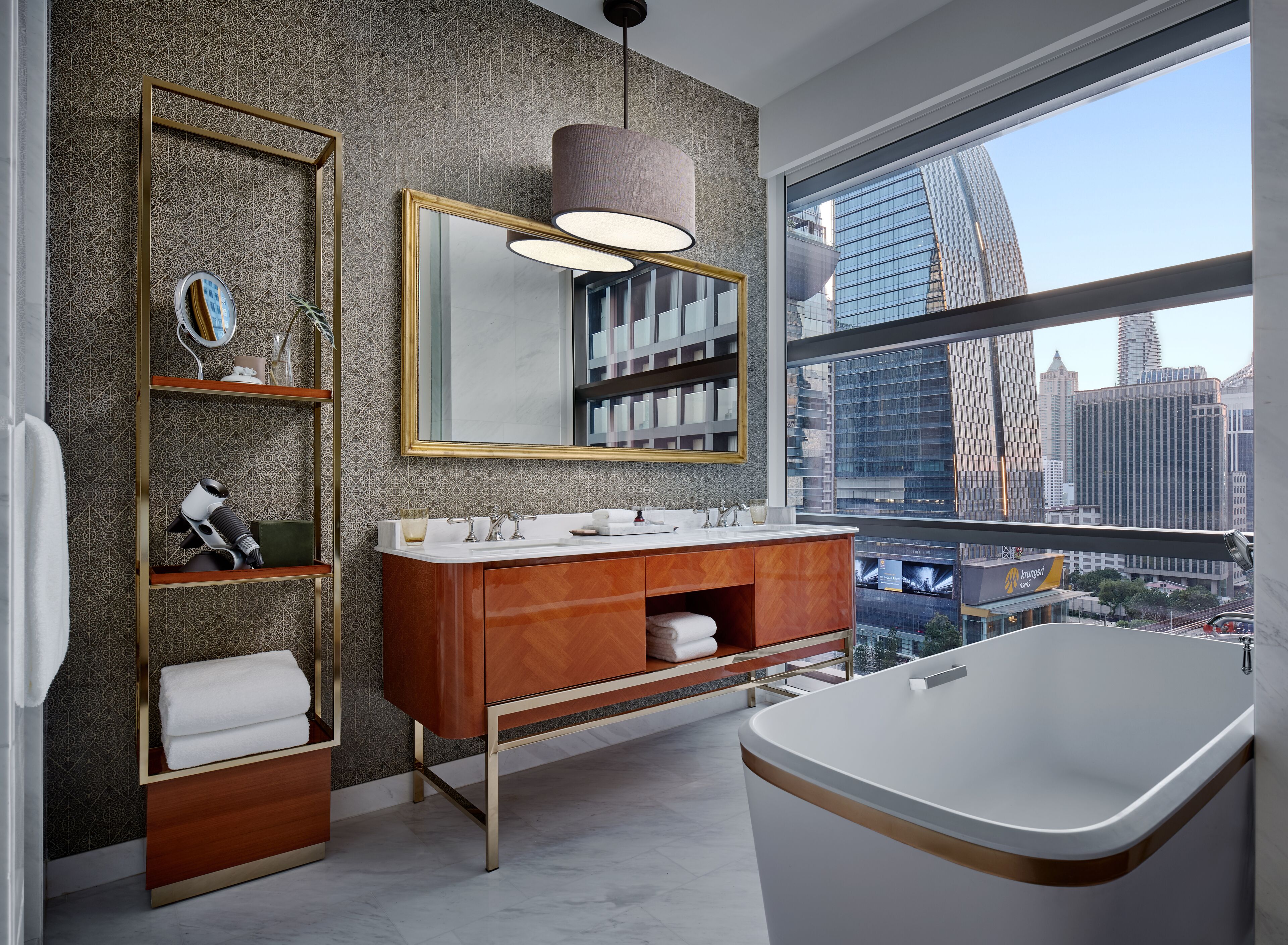 separate bathtub and shower, deep-soaking bathtub, designer toiletries