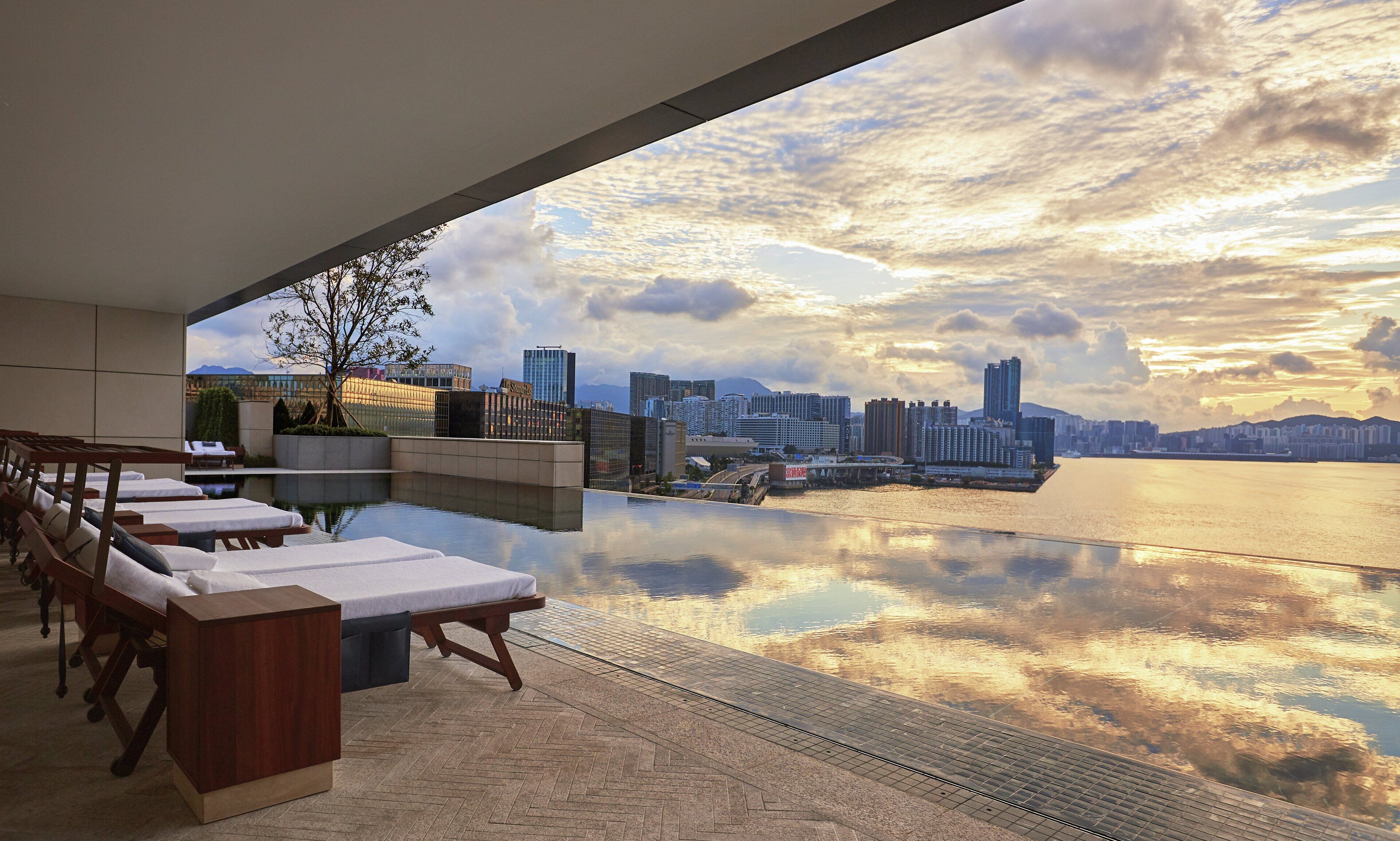 outdoor pool, pool loungers