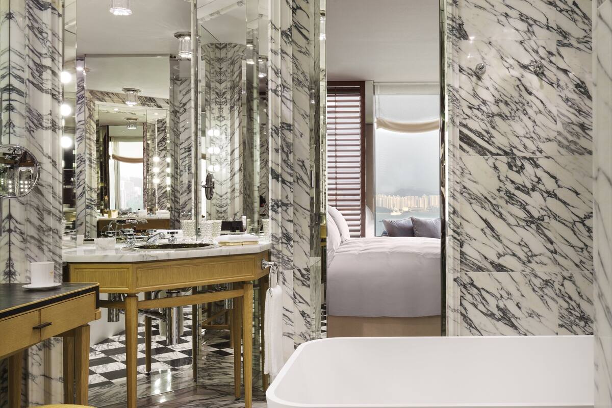 separate bathtub and shower, free toiletries, hair dryer, bathrobes