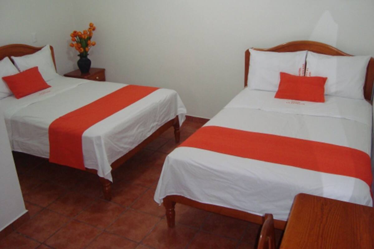 Two single beds with white and red bedding, a wooden nightstand with a vase of flowers, and a wooden chair.