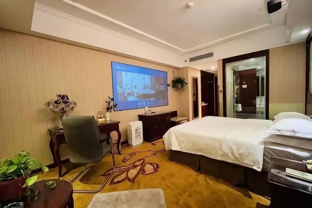 Ett hotellrum med en säng, ett skrivbord med en dator, en stol, en tv-skärm och en växt.