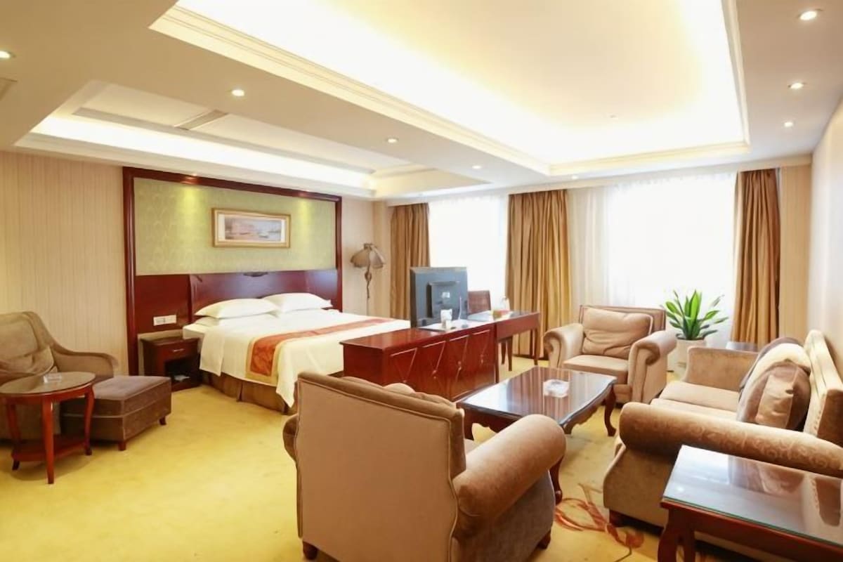 A hotel room with a bed, a desk, a TV, a chair, a sofa, and a plant.
