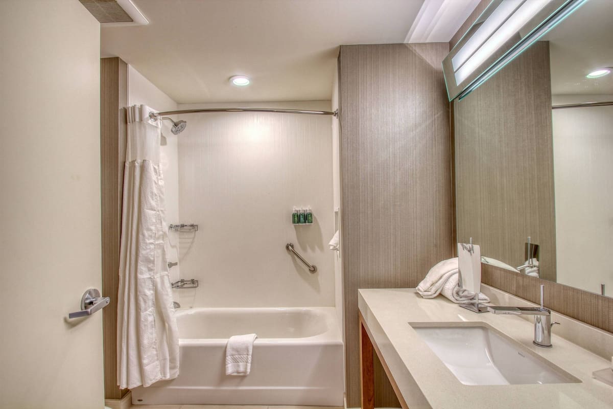 combined shower/bathtub, free toiletries, hair dryer, towels