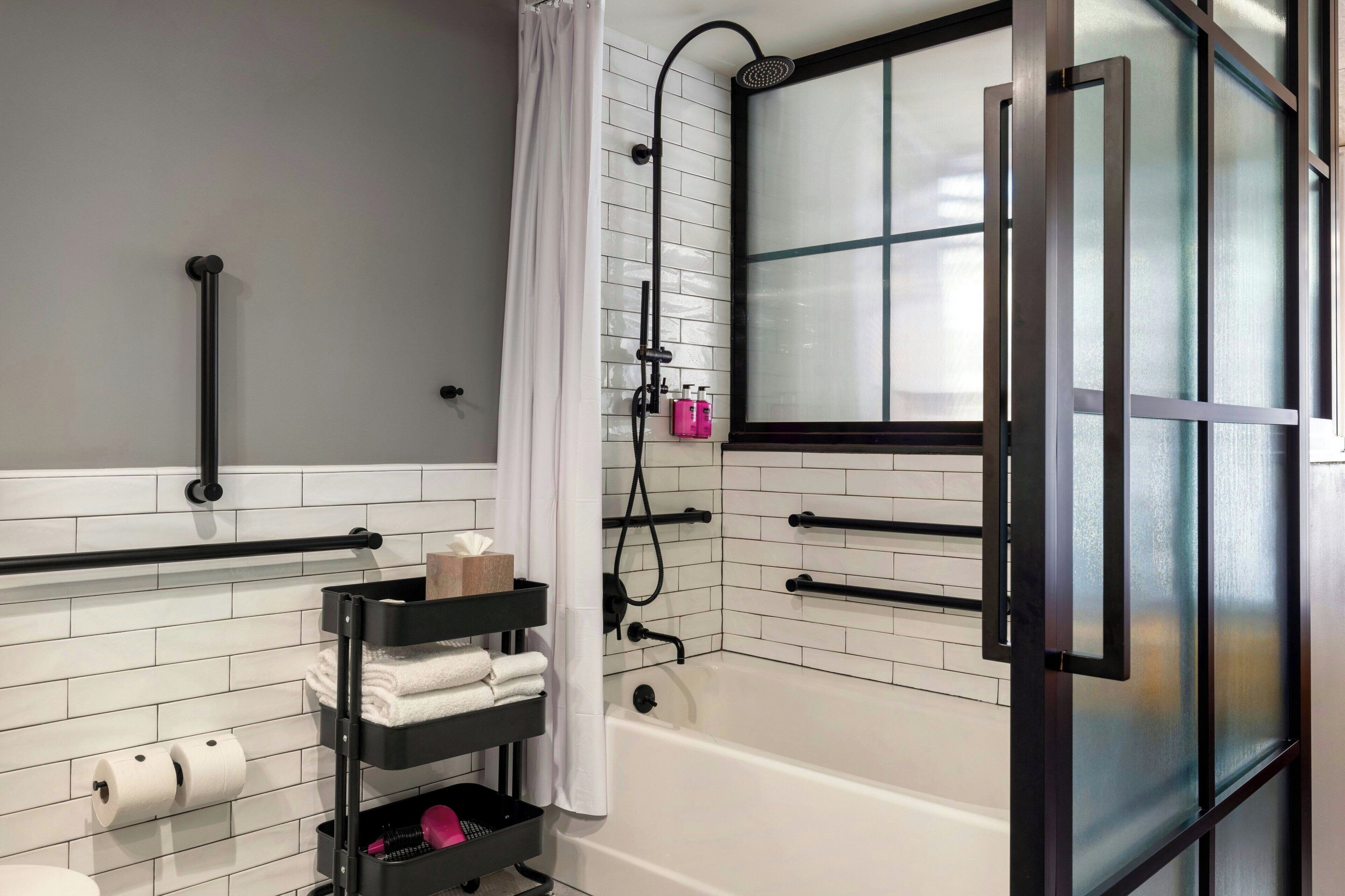 shower, rainfall showerhead, designer toiletries, hair dryer