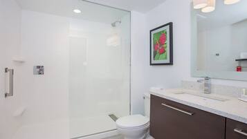 A modern bathroom with a glass shower enclosure, a white toilet, and a vanity with a mirror.