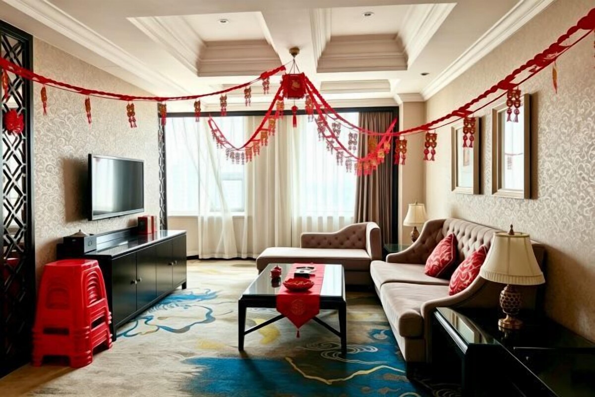 Una sala de estar con un sofá, televisor y detalles en rojo.