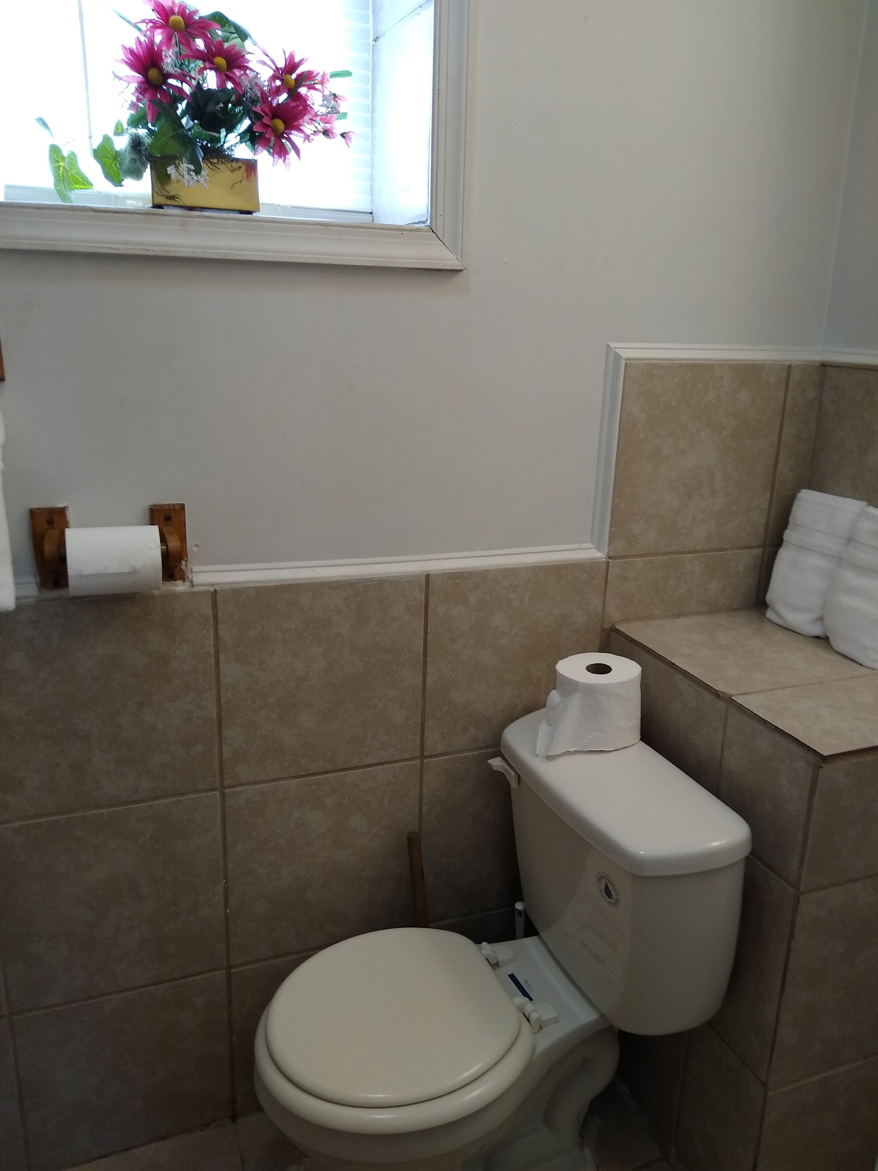 Un bagno con il water, una finestra con un composizione floreale e uno scaffale con articoli da toilette.