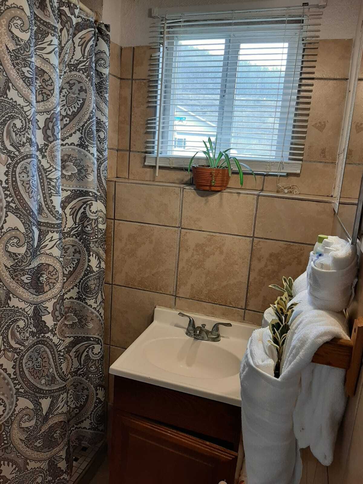 A bathroom with a patterned shower curtain, a window with blinds, a sink with a faucet, a potted plant, and towels on a wooden rack.