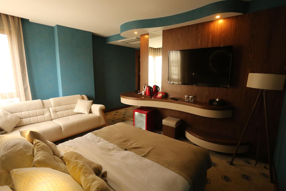 Une chambre d’hôtel avec un lit, un canapé, une télévision, un bureau et une lampe.