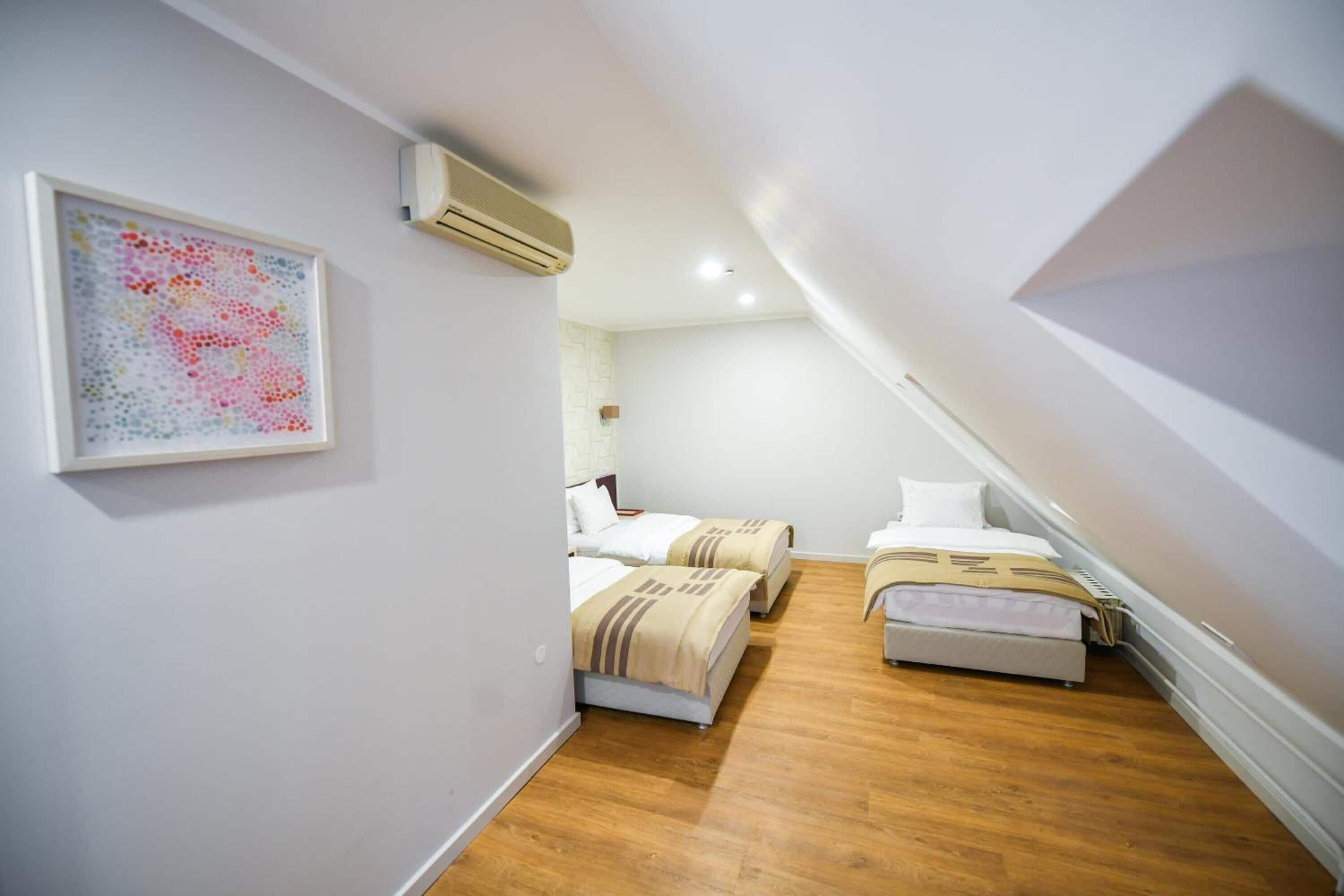 A bedroom with two beds, a wall-mounted air conditioner, a framed artwork, and a sloped ceiling.