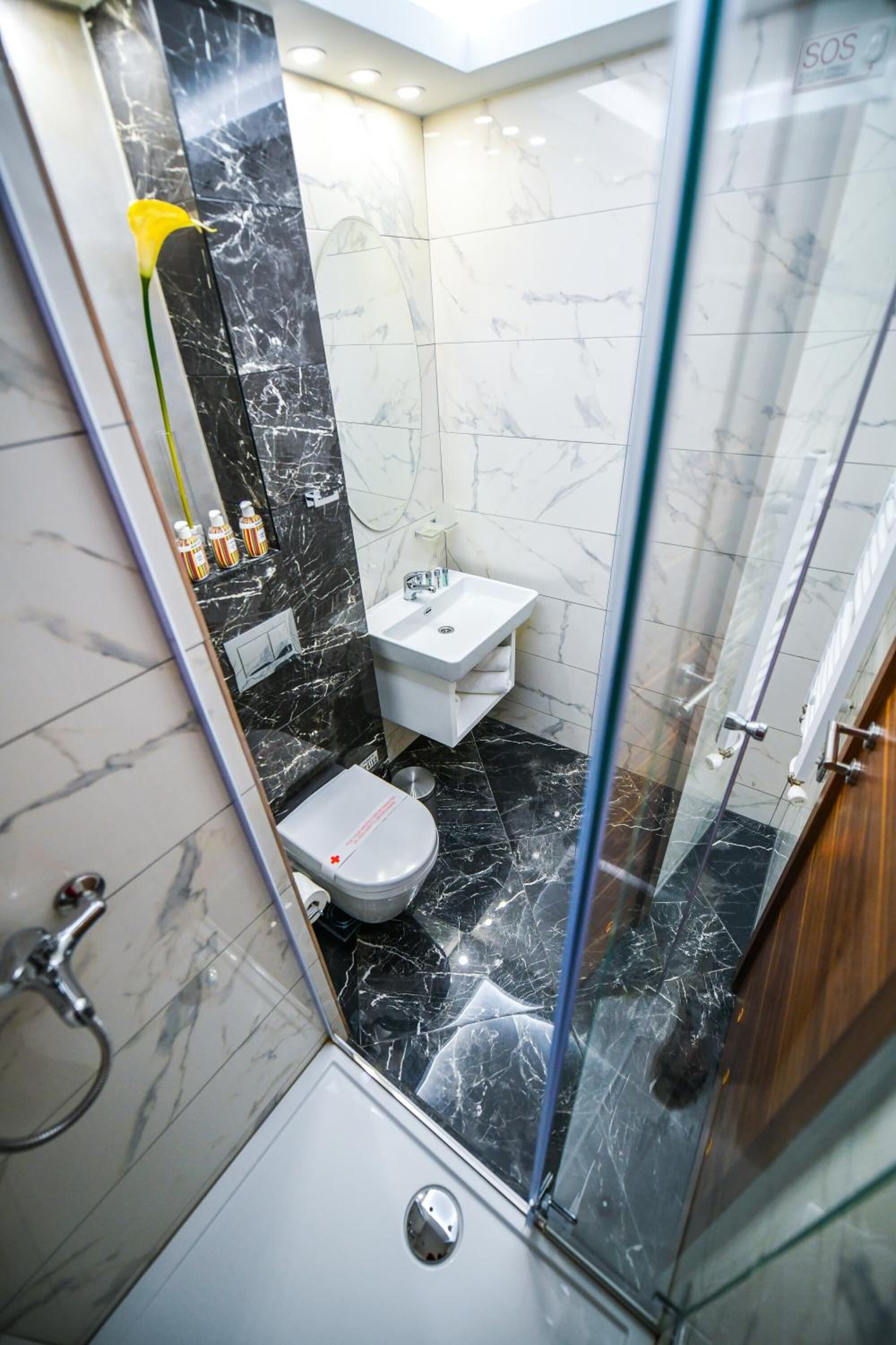Une salle de bain avec une douche à parois de verre, un lavabo blanc et des toilettes.