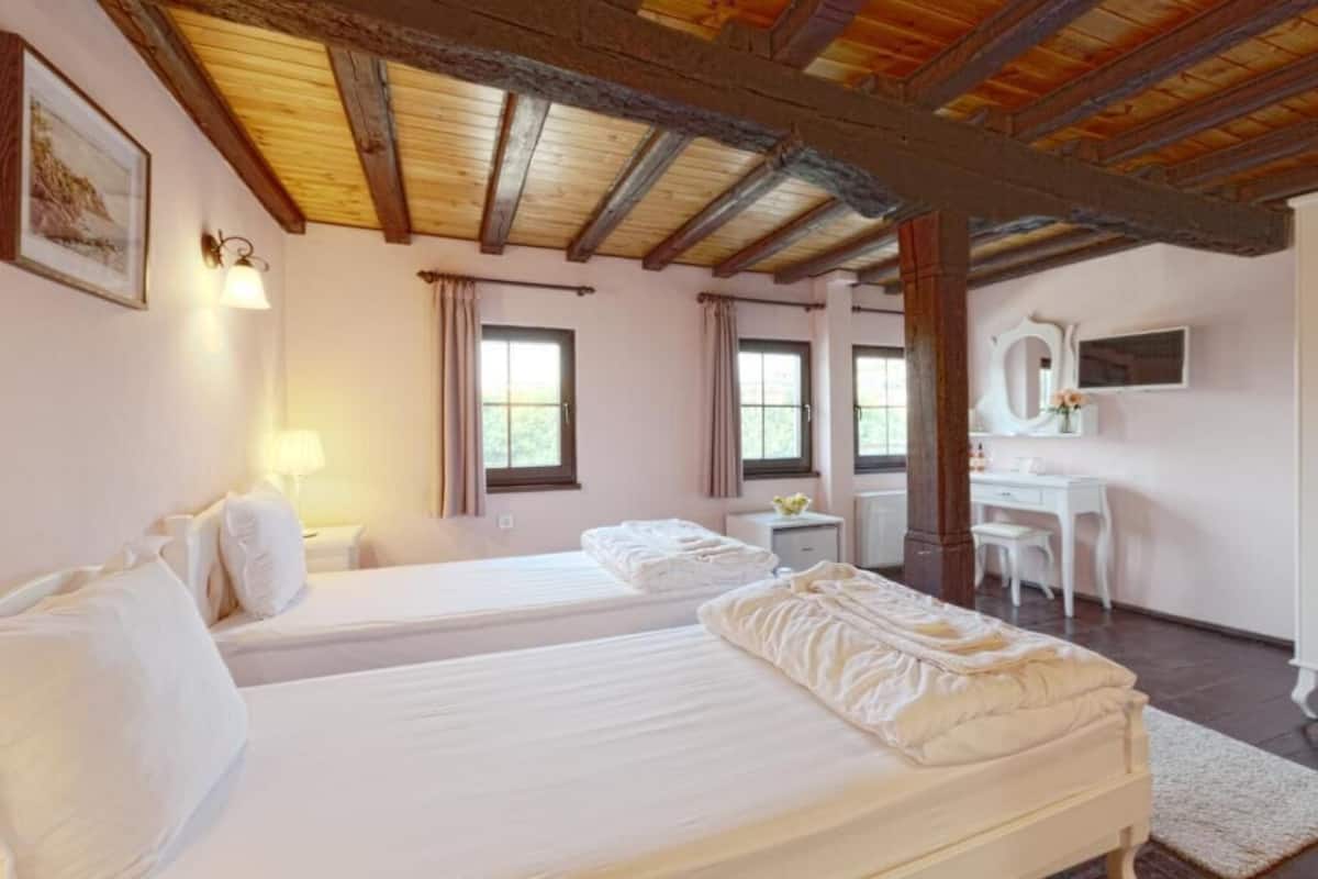 Een kamer met twee bedden, een bureau, een stoel en een spiegel.