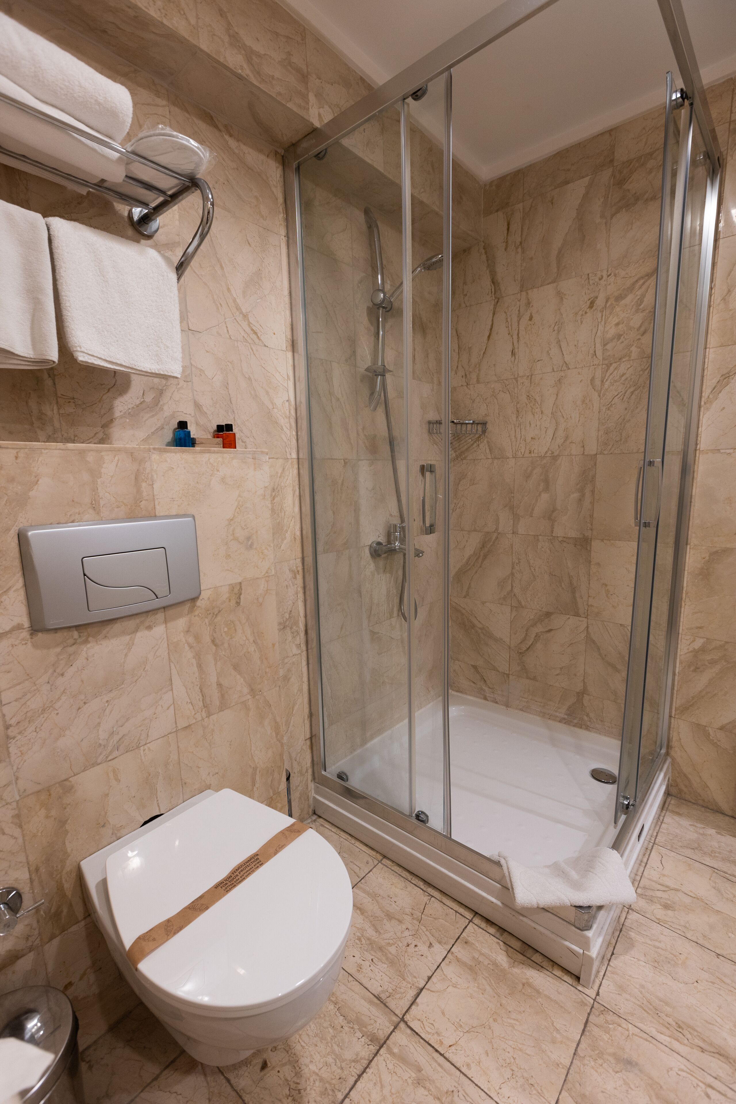 A bathroom with a glass-enclosed shower, a toilet, and a towel rack.
