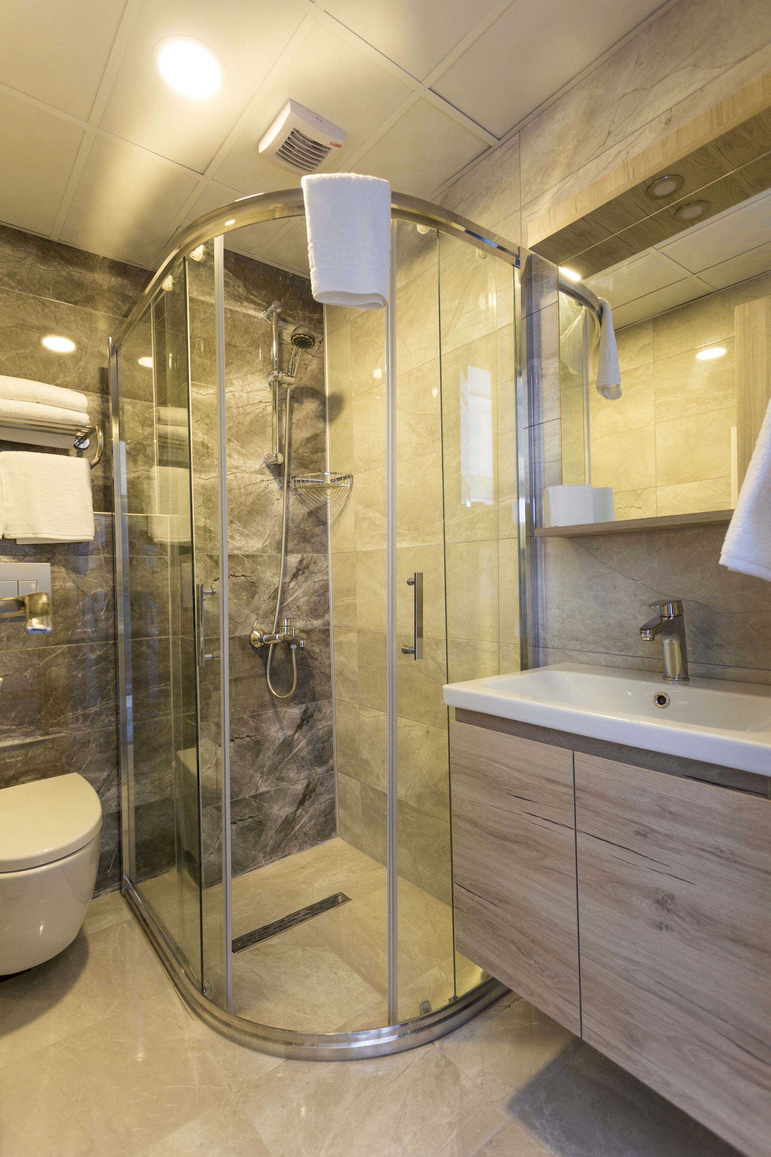 deluxe room | bathroom | shower, hydromassage showerhead, free toiletries, hair dryer