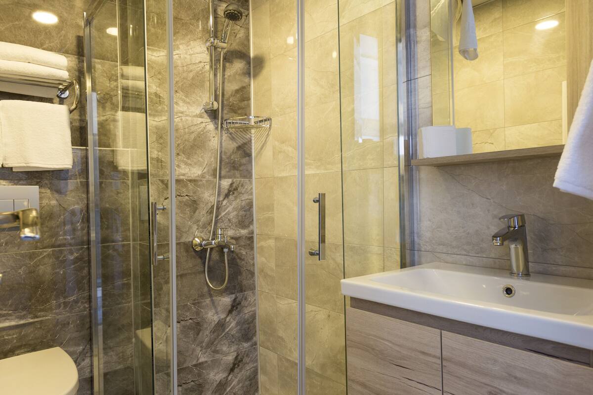 deluxe room | bathroom | shower, hydromassage showerhead, free toiletries, hair dryer