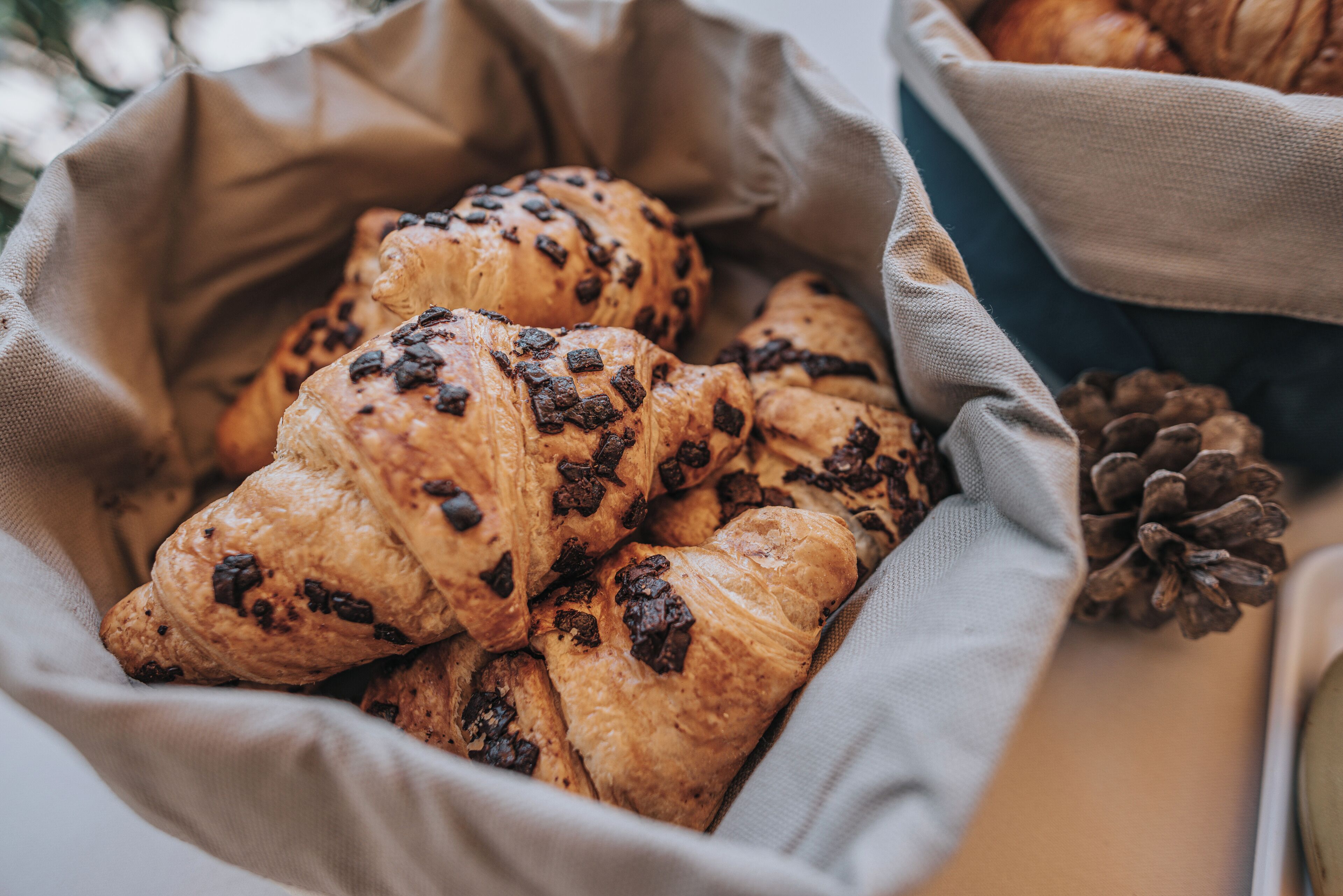 A basket of chocolate chip croissants.