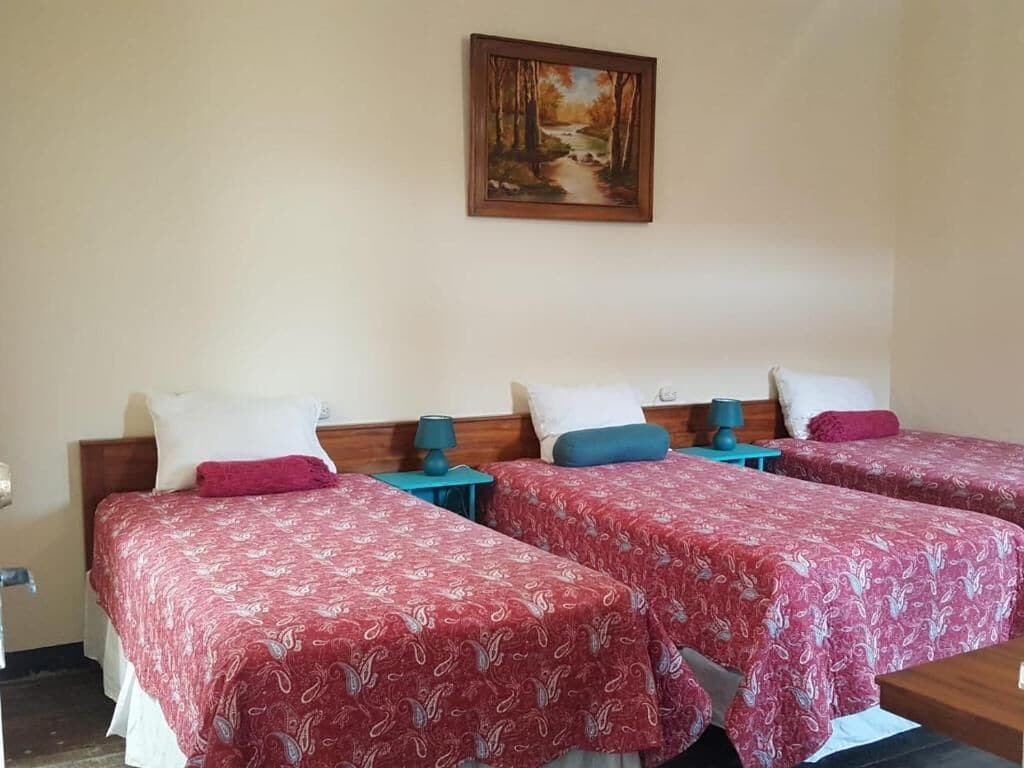 A hotel room with three beds, each with a patterned bedspread and pillows. There is a painting on the wall above the beds.