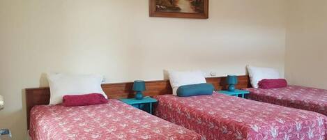 A hotel room with three beds, each with a patterned bedspread and pillows. There is a painting on the wall above the beds.