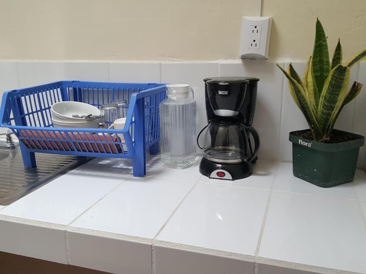 Un plan de travail de cuisine avec un égouttoir bleu, une machine à café, une bouteille d’eau et une plante en pot.