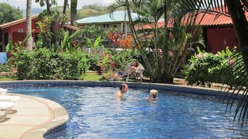 Una piscina al aire libre, sillones reclinables de piscina