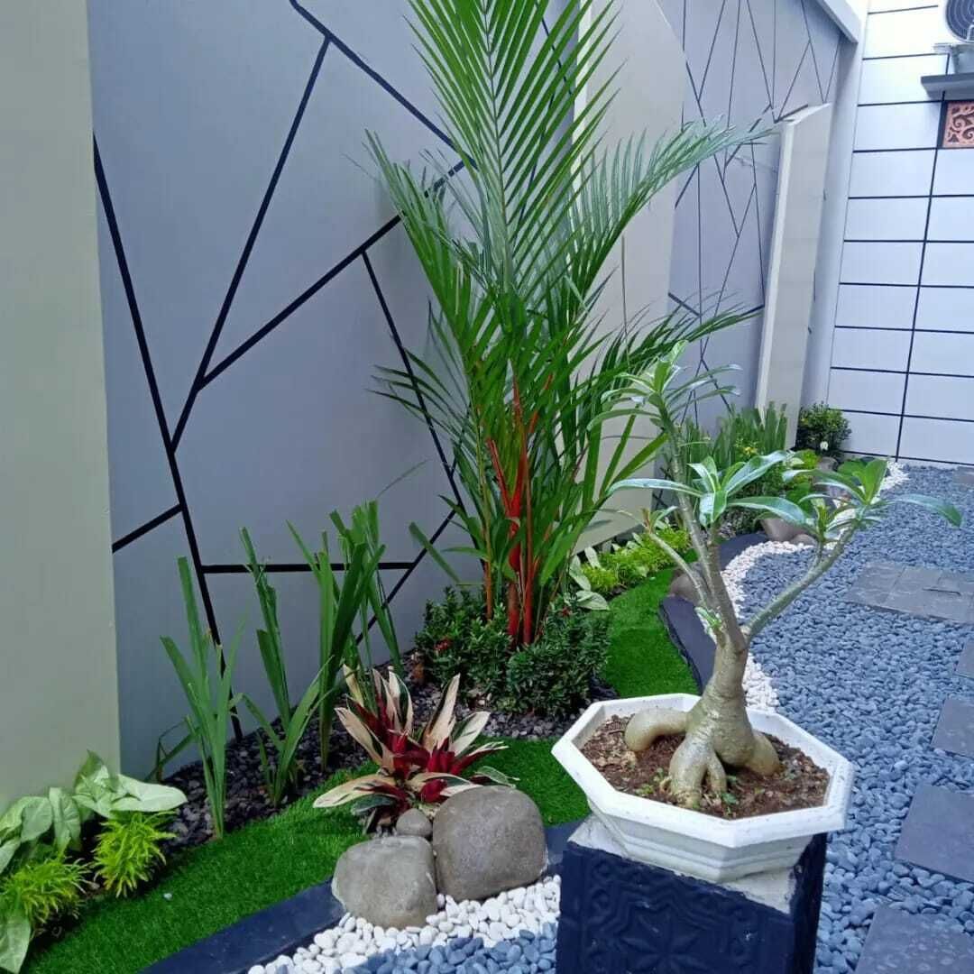 Un jardín ajardinado con diversas plantas, una palmera y una maceta decorativa con un árbol.