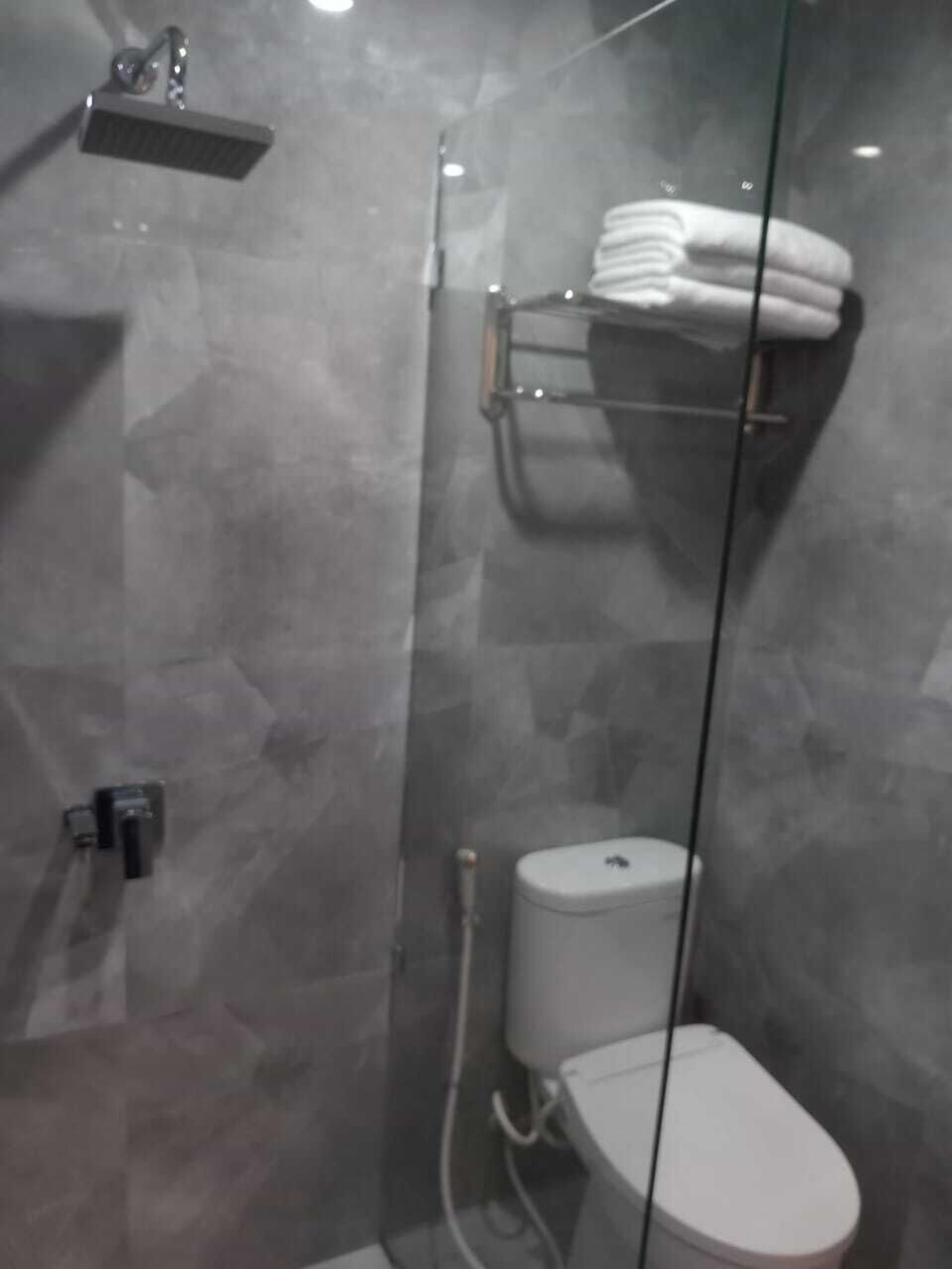 Ein modernes Badezimmer mit einer Duschkabine aus Glas, einer weißen Toilette und einem Handtuchhalter.