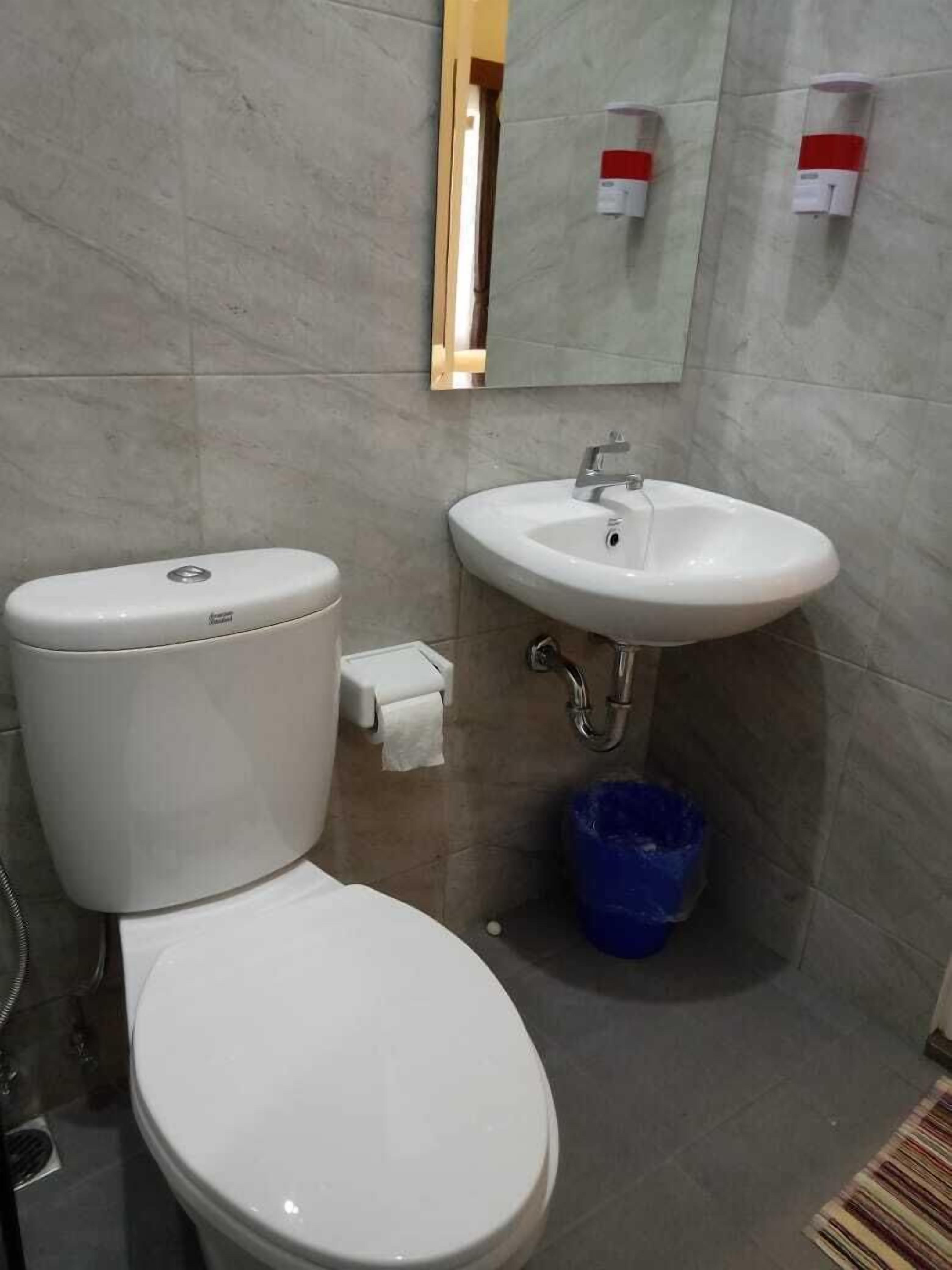 A bathroom with a toilet, sink, and a blue trash bin.