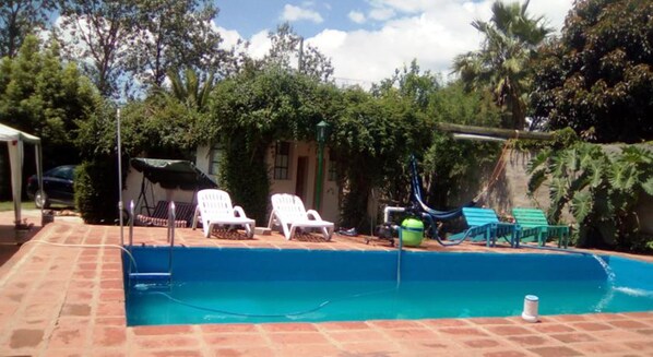 Seasonal outdoor pool, sun loungers