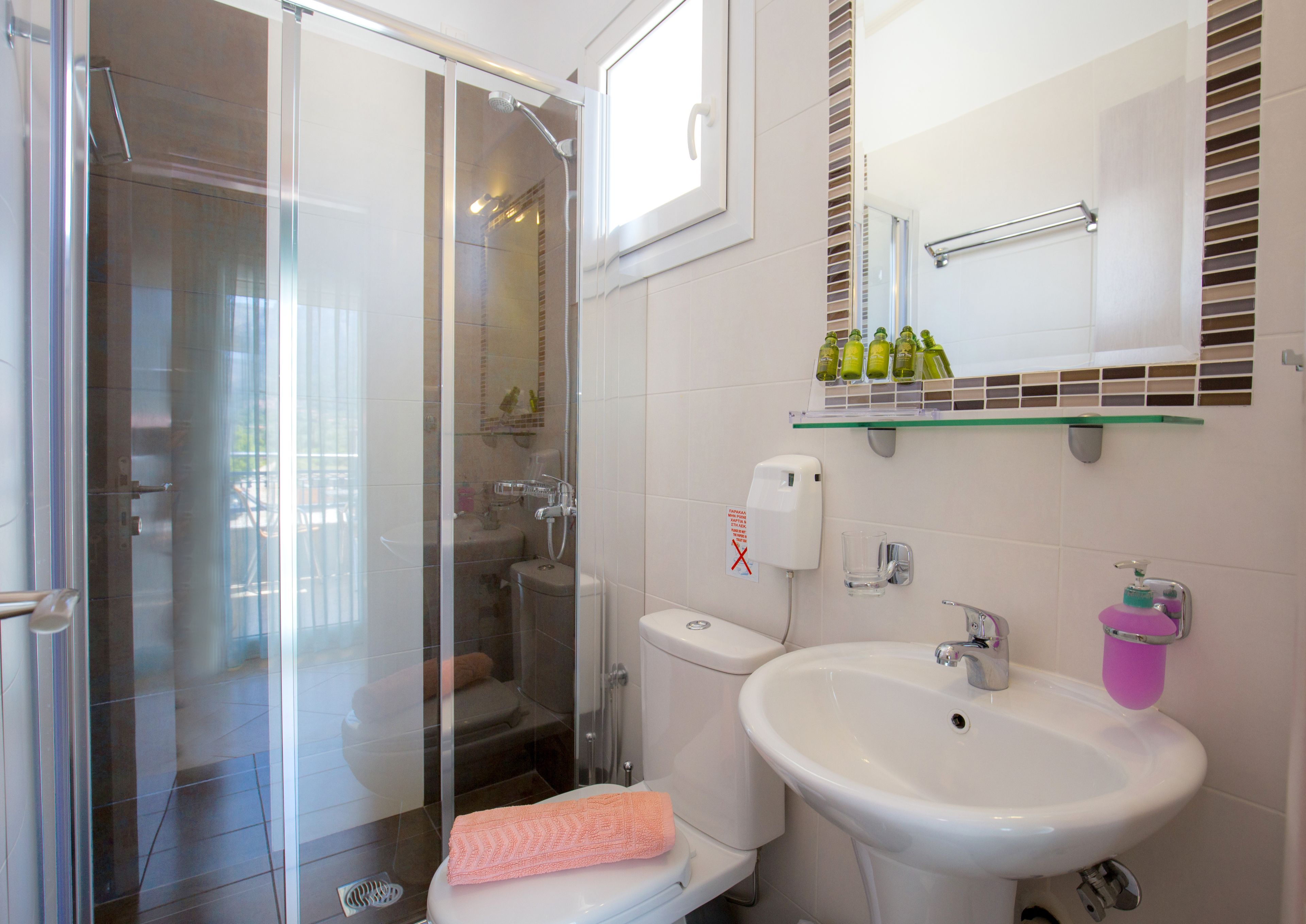 A modern bathroom with a glass-enclosed shower, a toilet, a sink, and a mirror with a shelf above it.