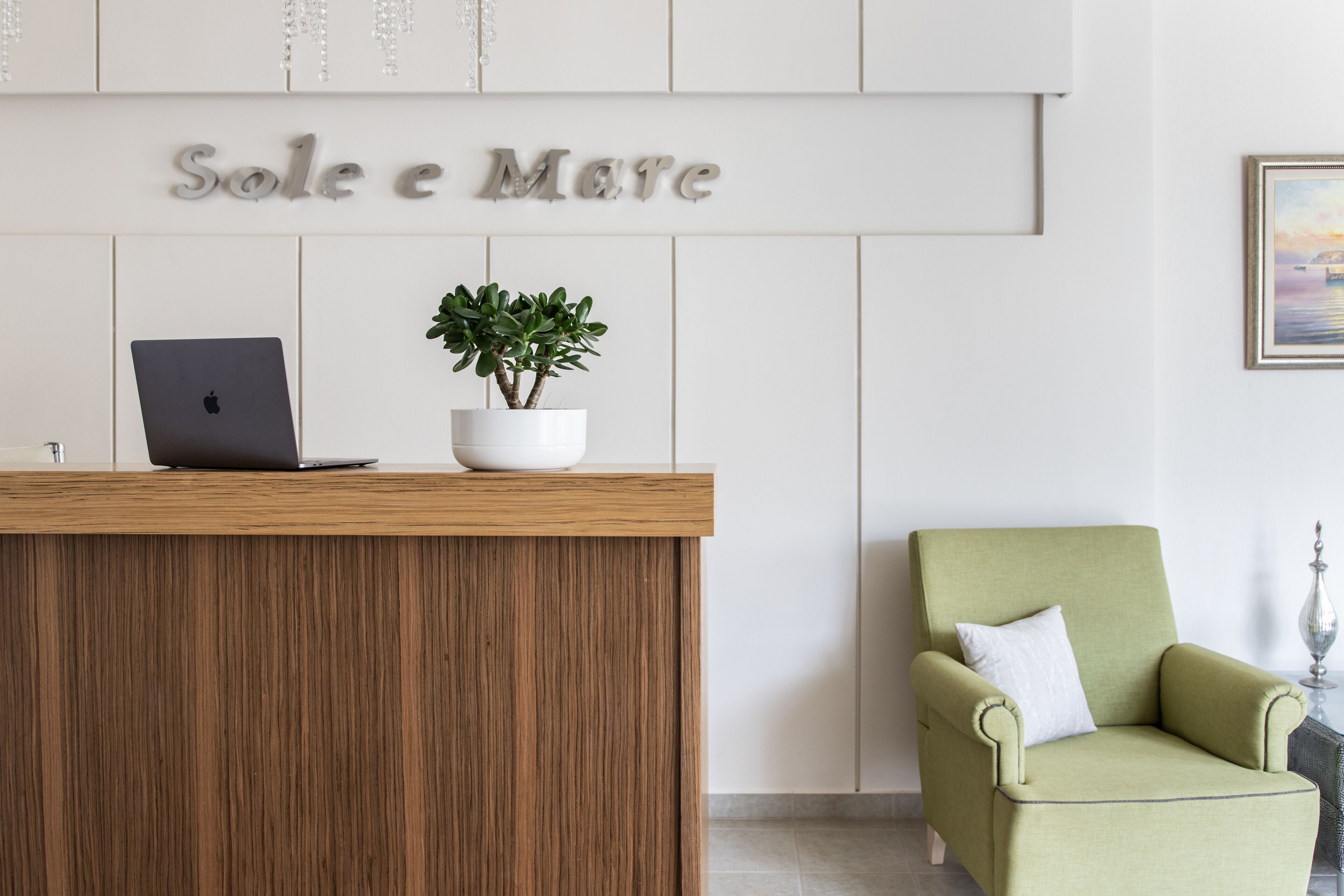 Un comptoir d’accueil avec un ordinateur portable, une plante en pot et un fauteuil vert.