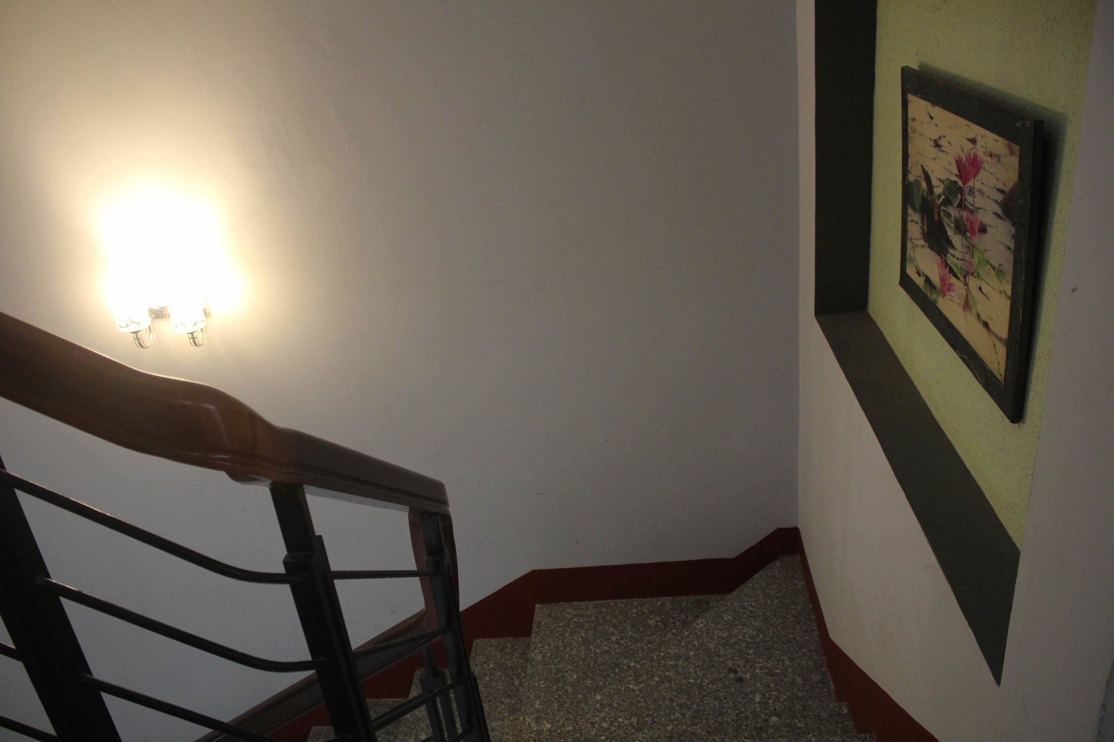 A staircase with a handrail, a wall-mounted light, and a framed artwork.