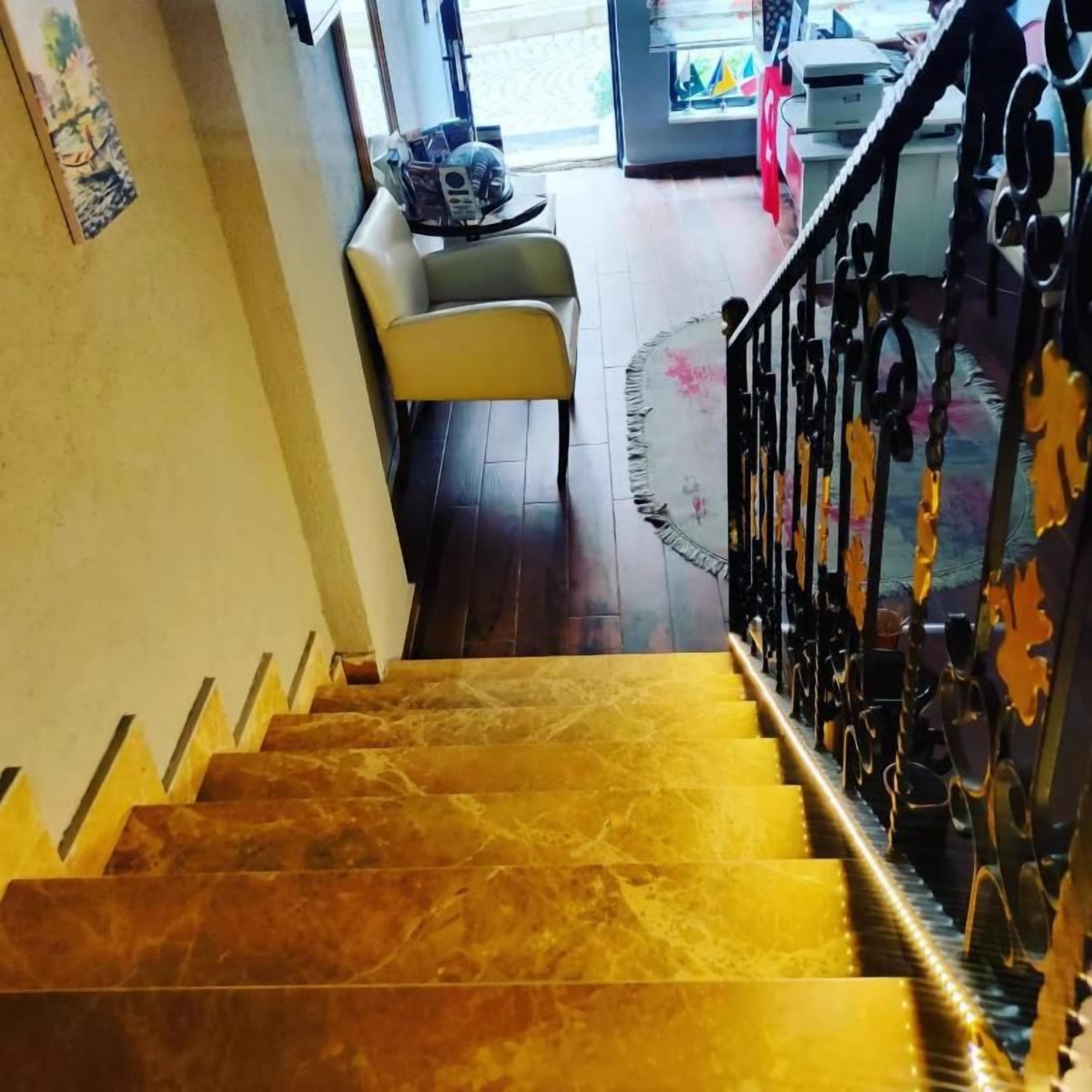 A staircase with a handrail and a patterned rug at the bottom.