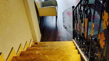 A staircase with a handrail and a patterned rug at the bottom.