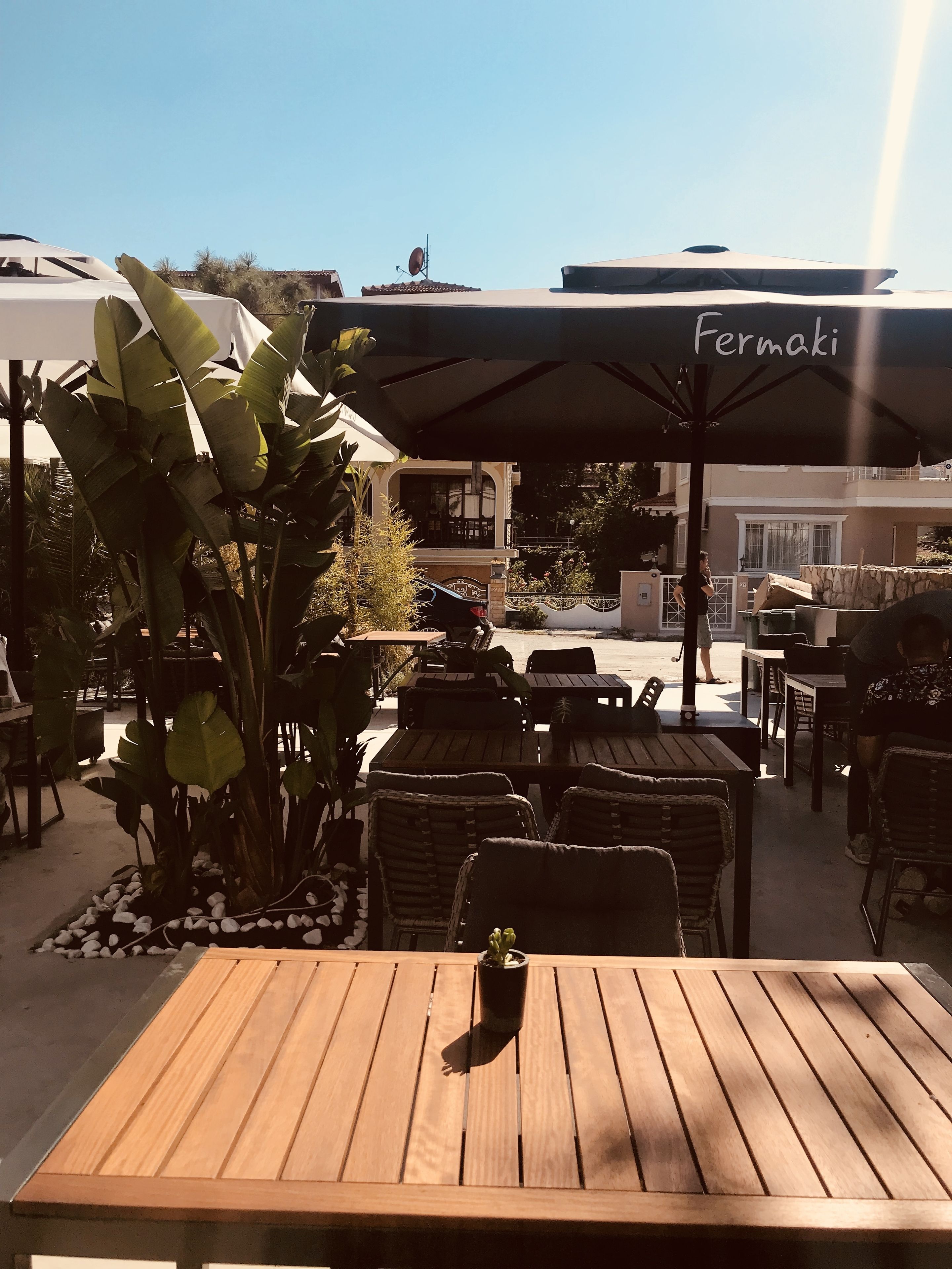 Een terras met houten tafels en stoelen, een grote parasol en een plant in pot.