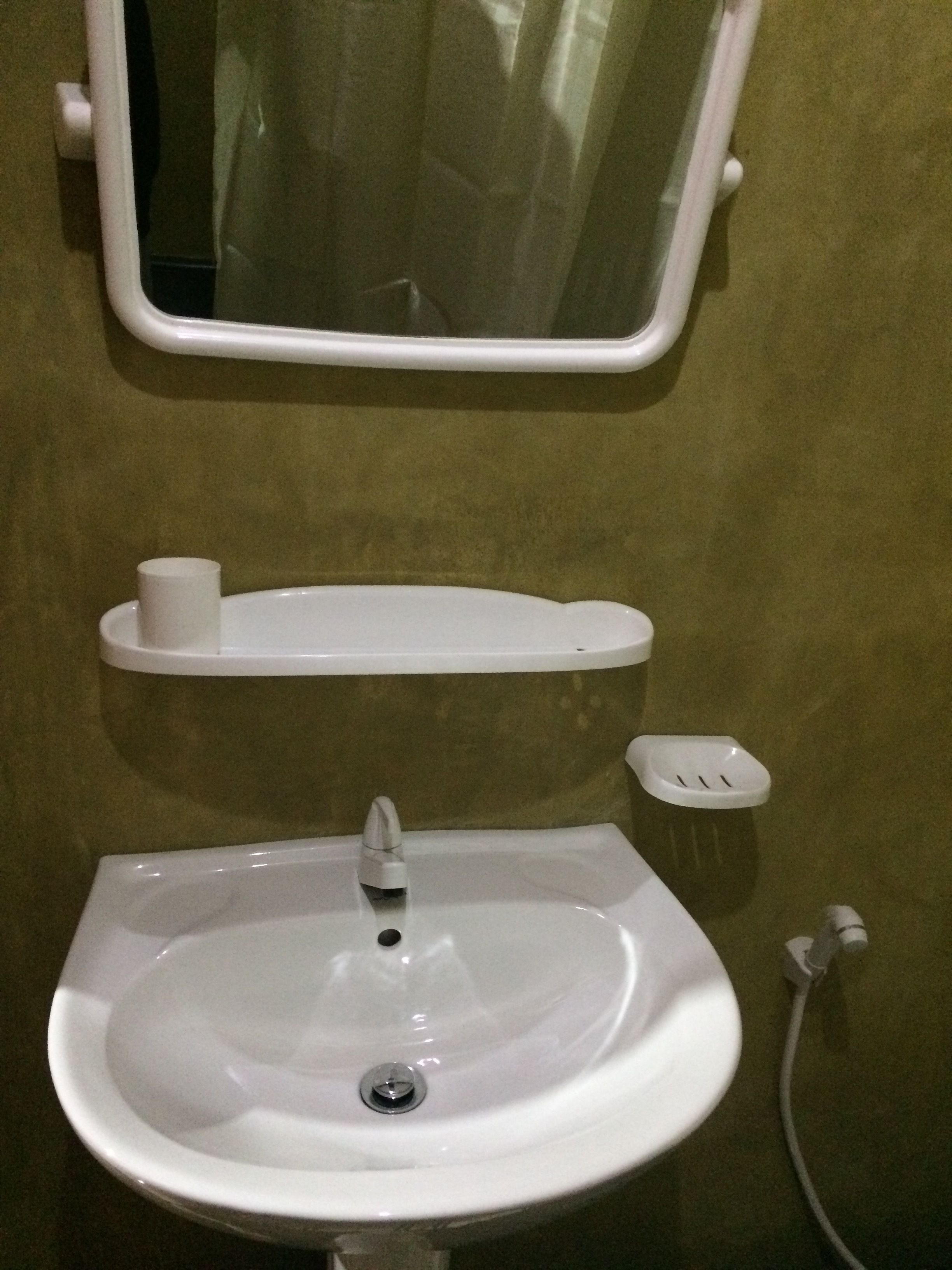 A bathroom with a white sink, a mirror above it, and a soap dish to the right.