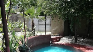 A swimming pool with a red border, surrounded by rocks and plants. - Farmer's Guest House (Telavi)
