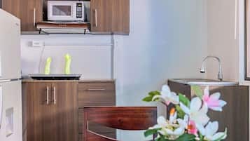 Family Apartment (3) | Private kitchen | Full-size fridge, microwave, stovetop, coffee/tea maker