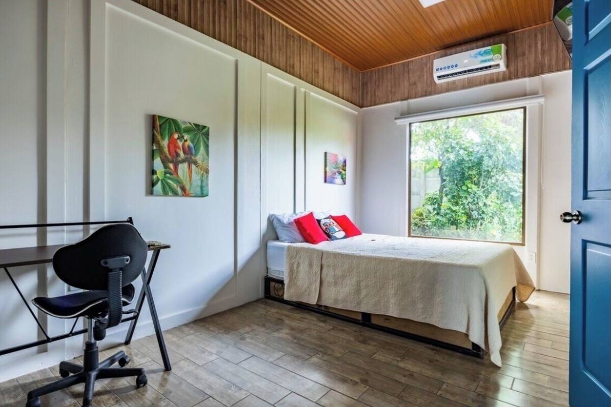 A room with a bed, a desk, and a window with a view of greenery.