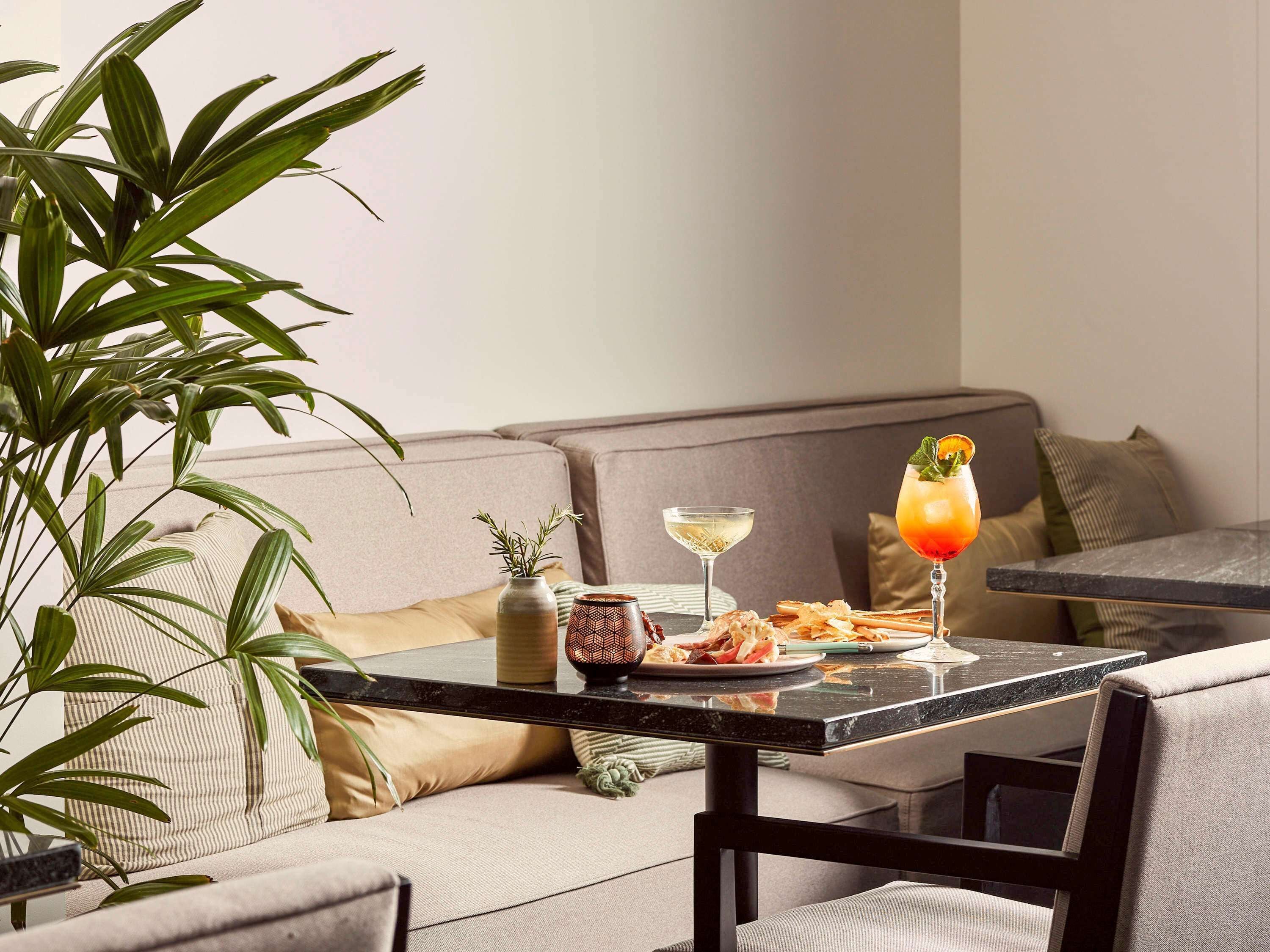 A dining area with a glass table, a sofa, and a potted plant.