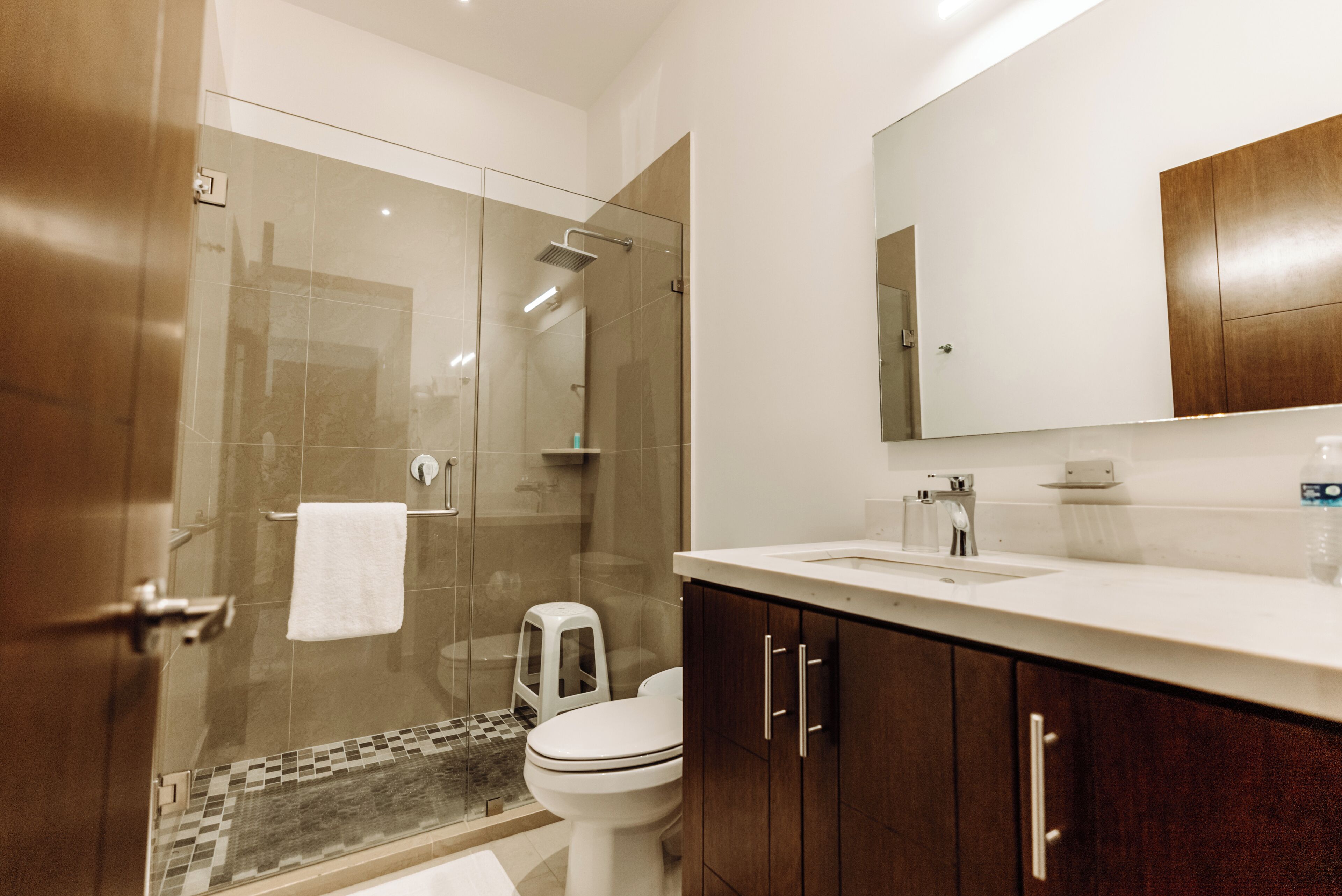 Un baño moderno con cabina de ducha de vidrio, inodoro blanco y tocador de madera con espejo.