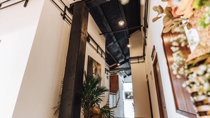 Un couloir avec une grande plante en pot, un plancher en bois et un escalier menant à l’étage supérieur.