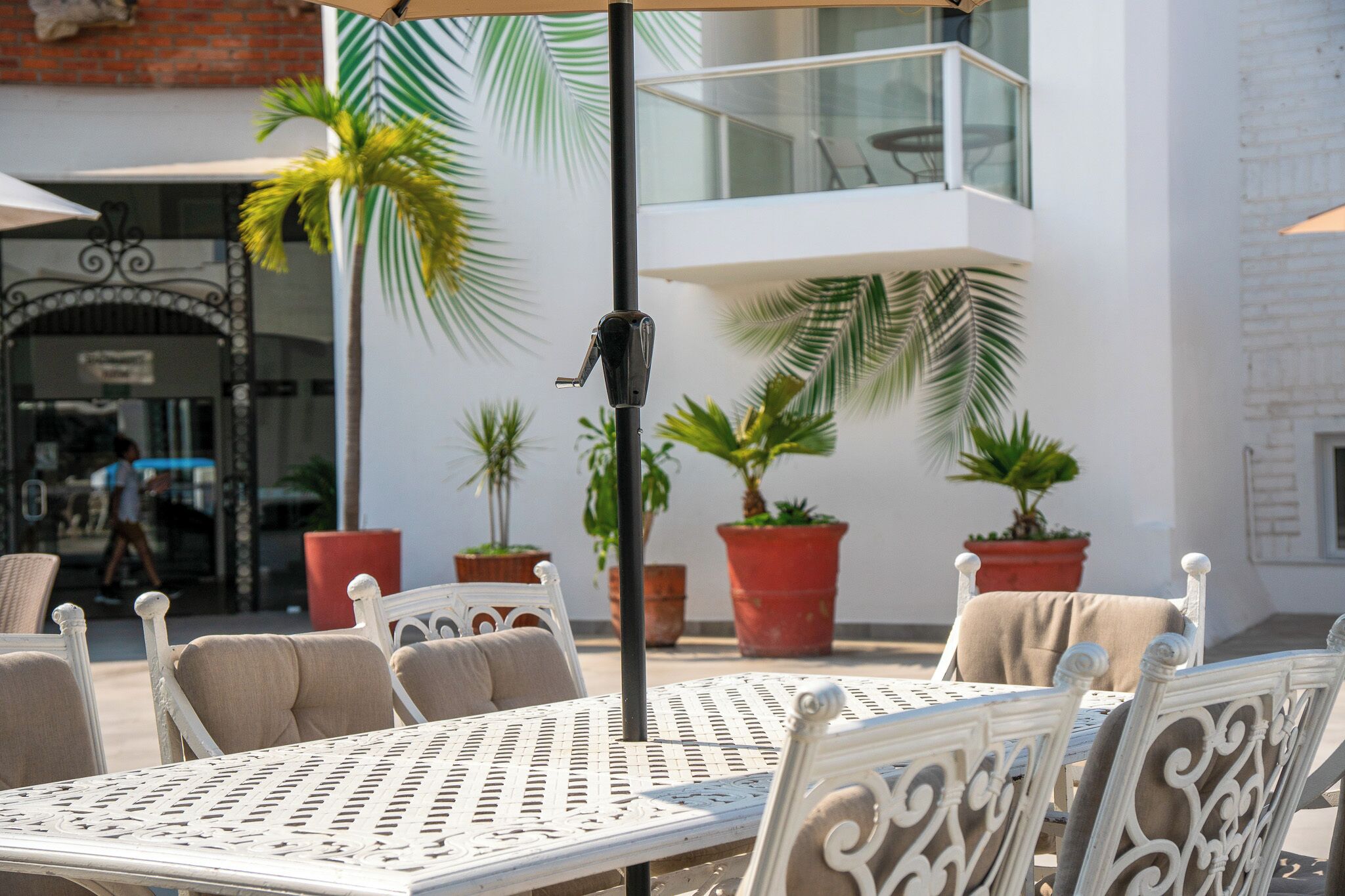An outdoor seating area with white metal tables and chairs, surrounded by potted plants and a palm tree.