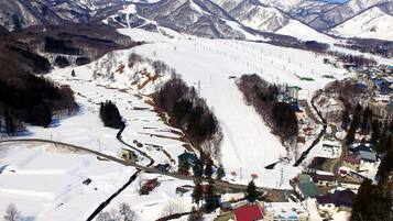 A snow-covered mountain village with a ski slope, buildings, and a clear sky.