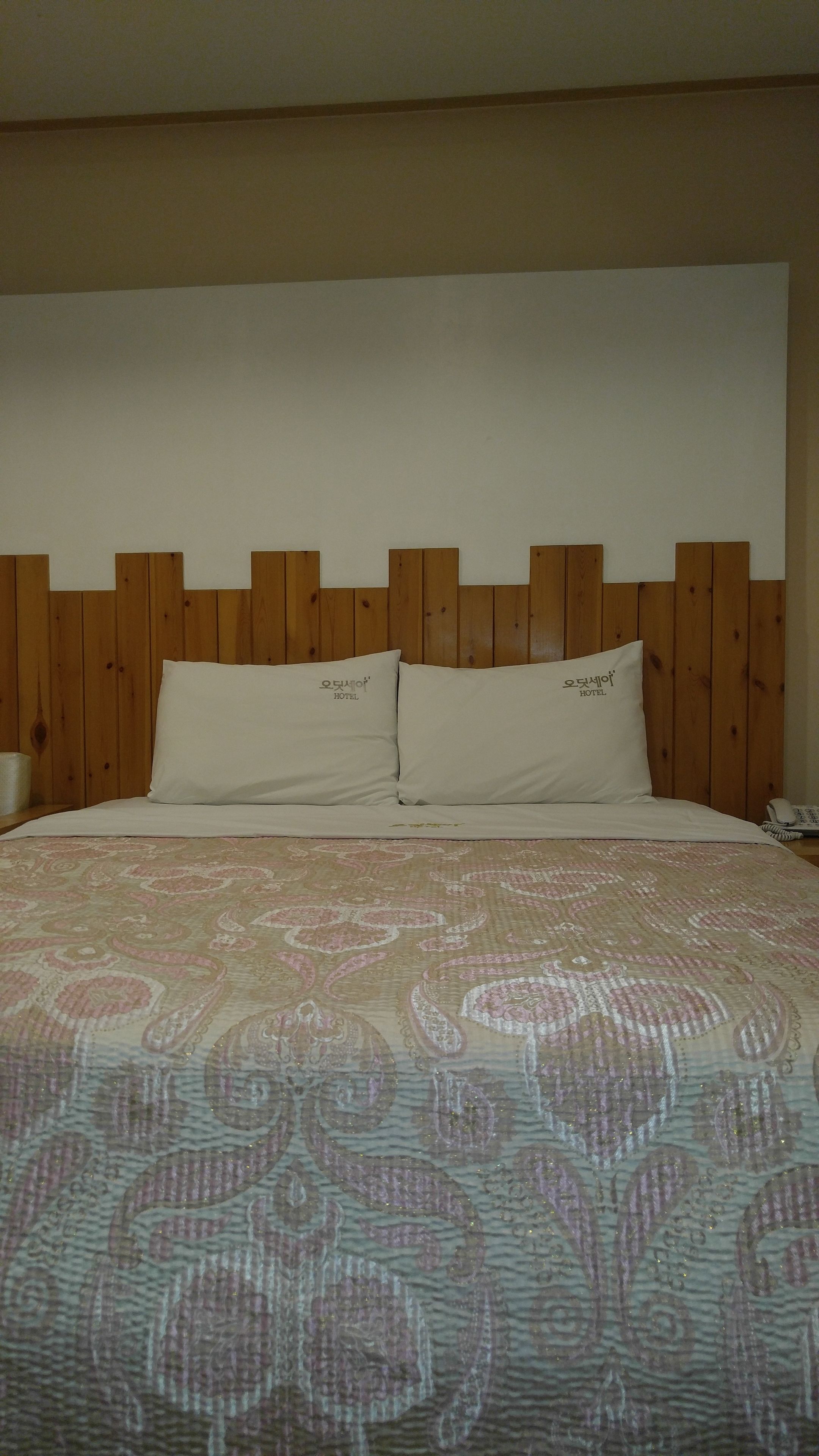 Camera d'albergo con testiera in legno, due cuscini e copripiumino decorato.