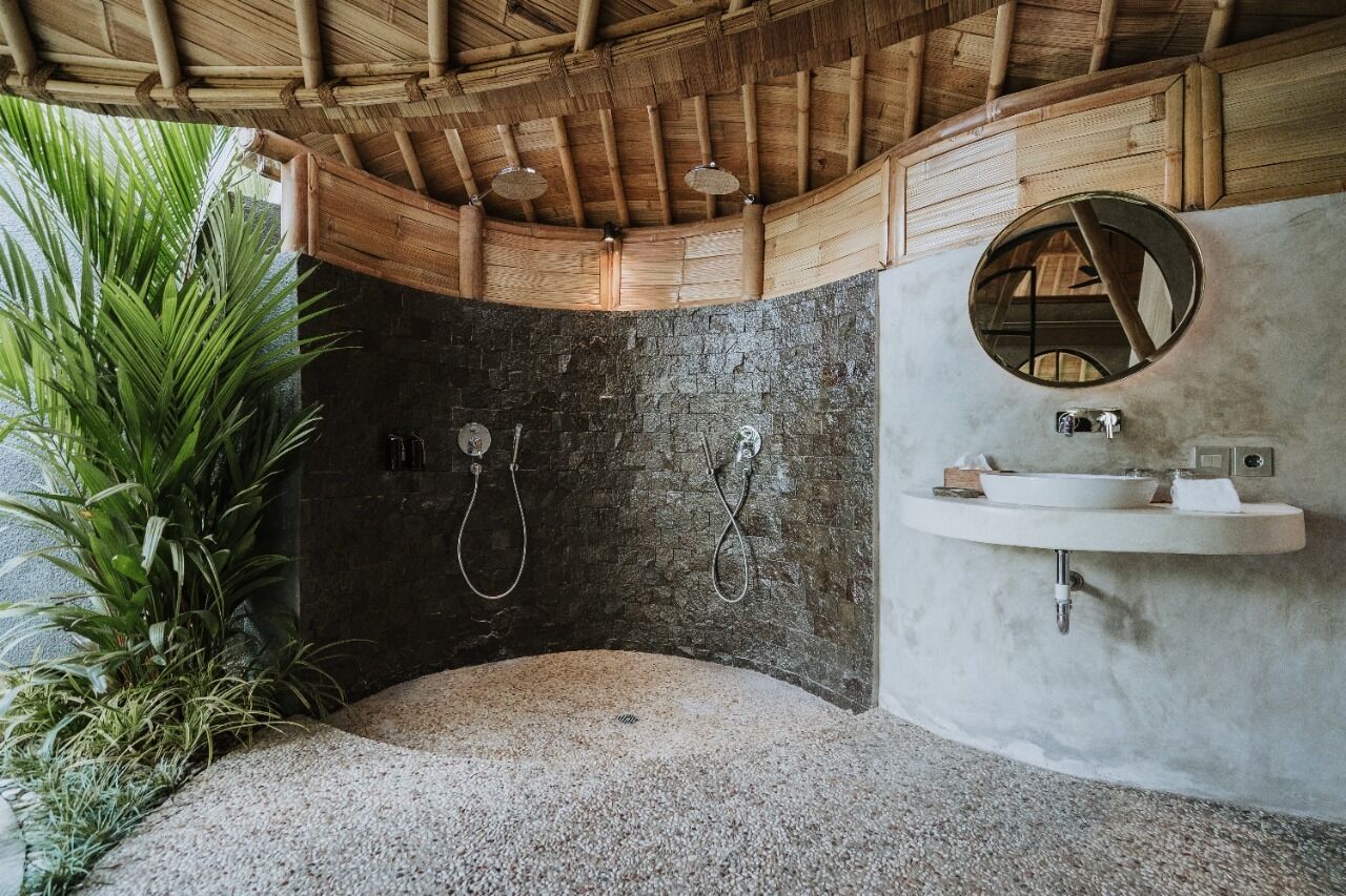 private pool bamboo villa | bathroom | shower, free toiletries, hair dryer, bathrobes